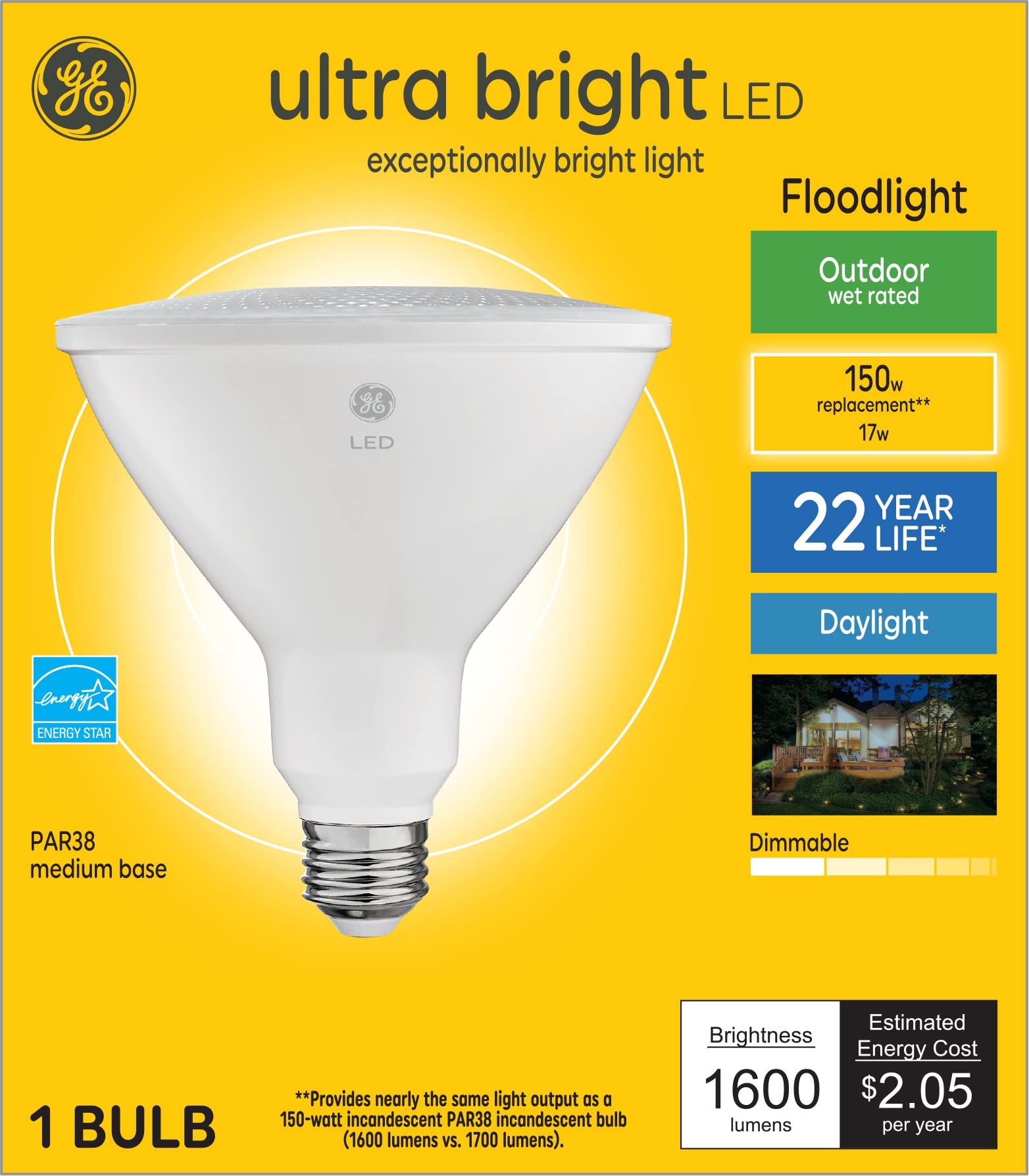 GE Ultra Bright LED Light Bulb, PAR38 Outdoor Floodlight, 150 Watt, Daylight, 1 Count, Plastic
