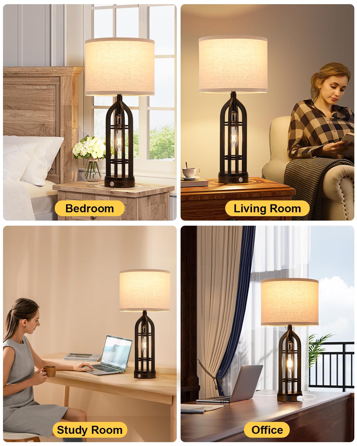 Seealle Table Lamps Set of 2 - 3-Way Dimmable Touch, USB C+A & Outlet, Oat Shade & Black Body, Model 09161