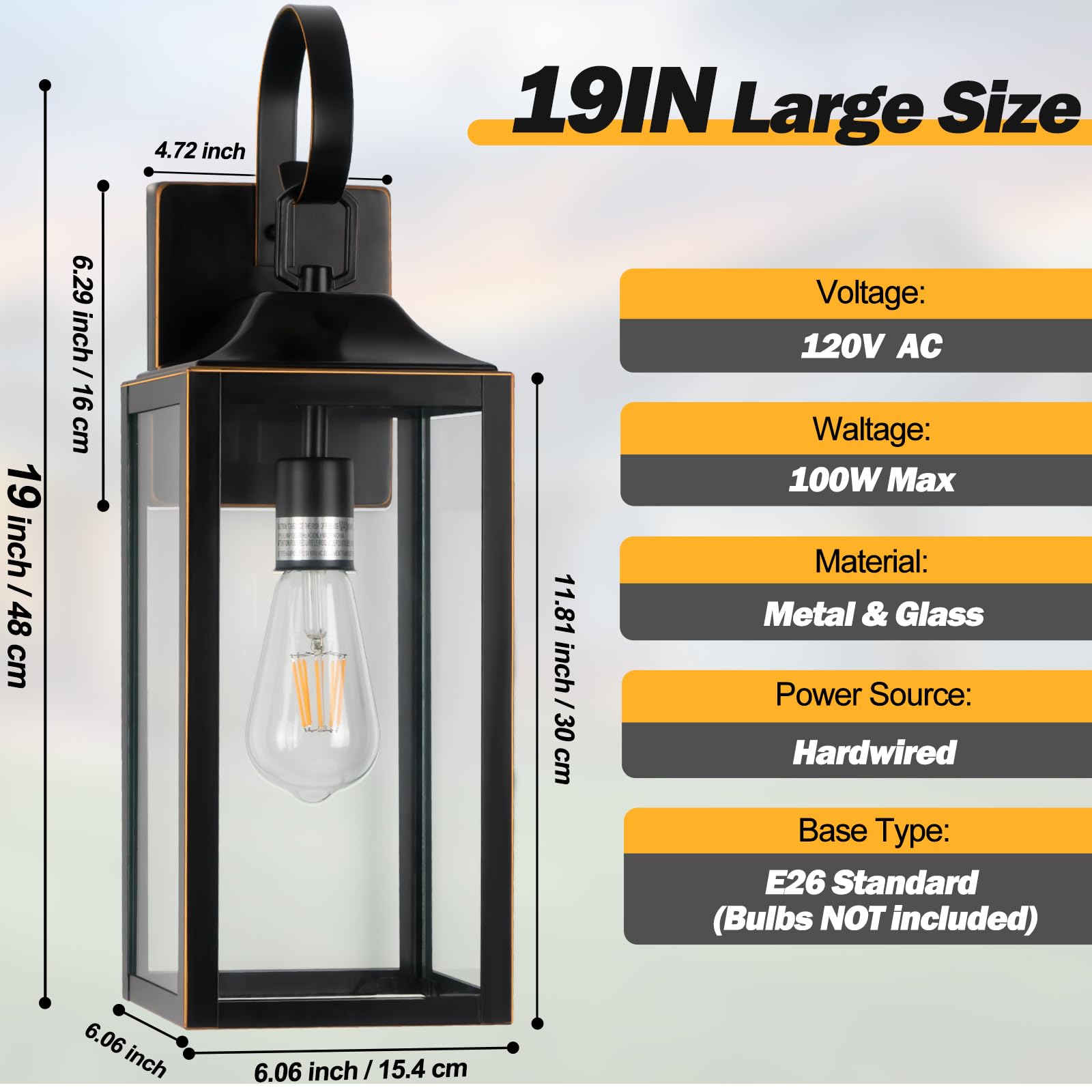 Yolsunes 19" Outdoor Wall Lights 2 Pack, Black Metal with Gold Trim, Waterproof Sconces for Porch, Garage, Model B06094P-2PK-GDBK