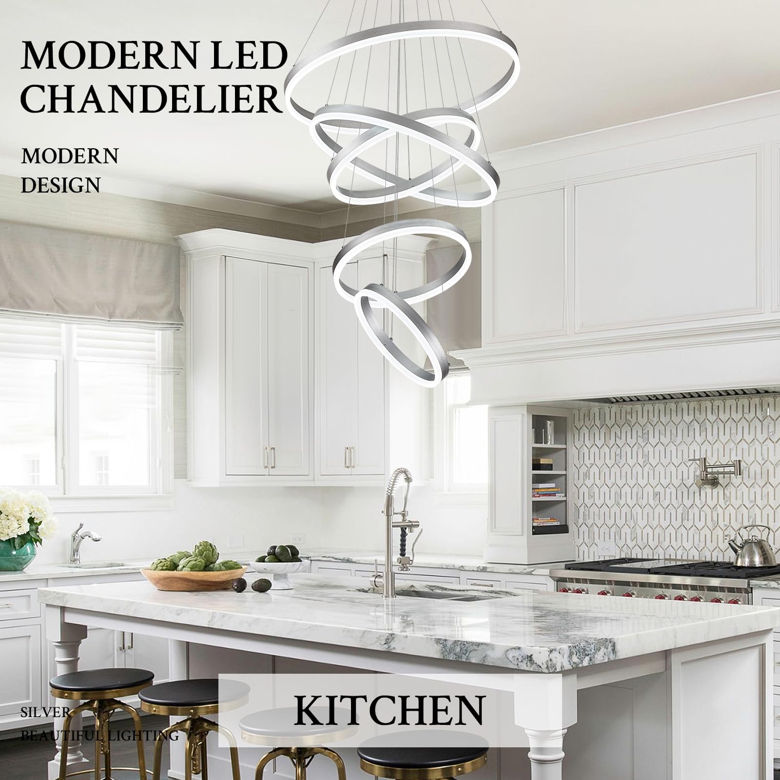 Sparklelf LED Chandelier, Dimmable Silver, 5 Rings 23.6in, Remote Control, Modern Design for Foyer, Dining Room, Living Room, Model SE-P60S
