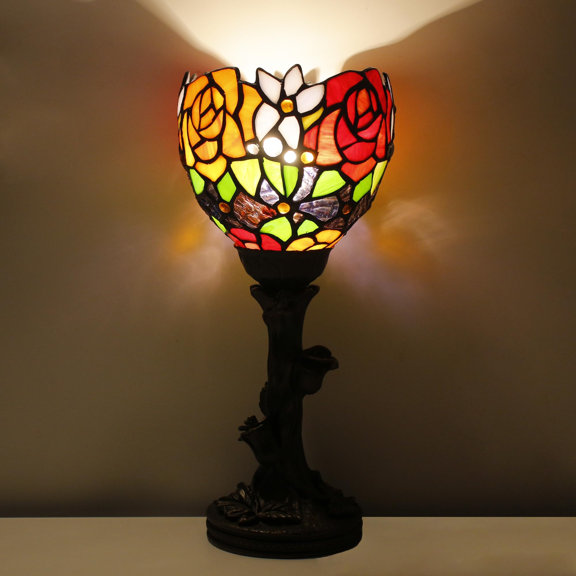 Avivadirect Small Tiffany Lamp Mini Stained Glass Table Lamp Red Rose Accent Desk Uplight W6H 13.5 Inch Bronze Resin Base