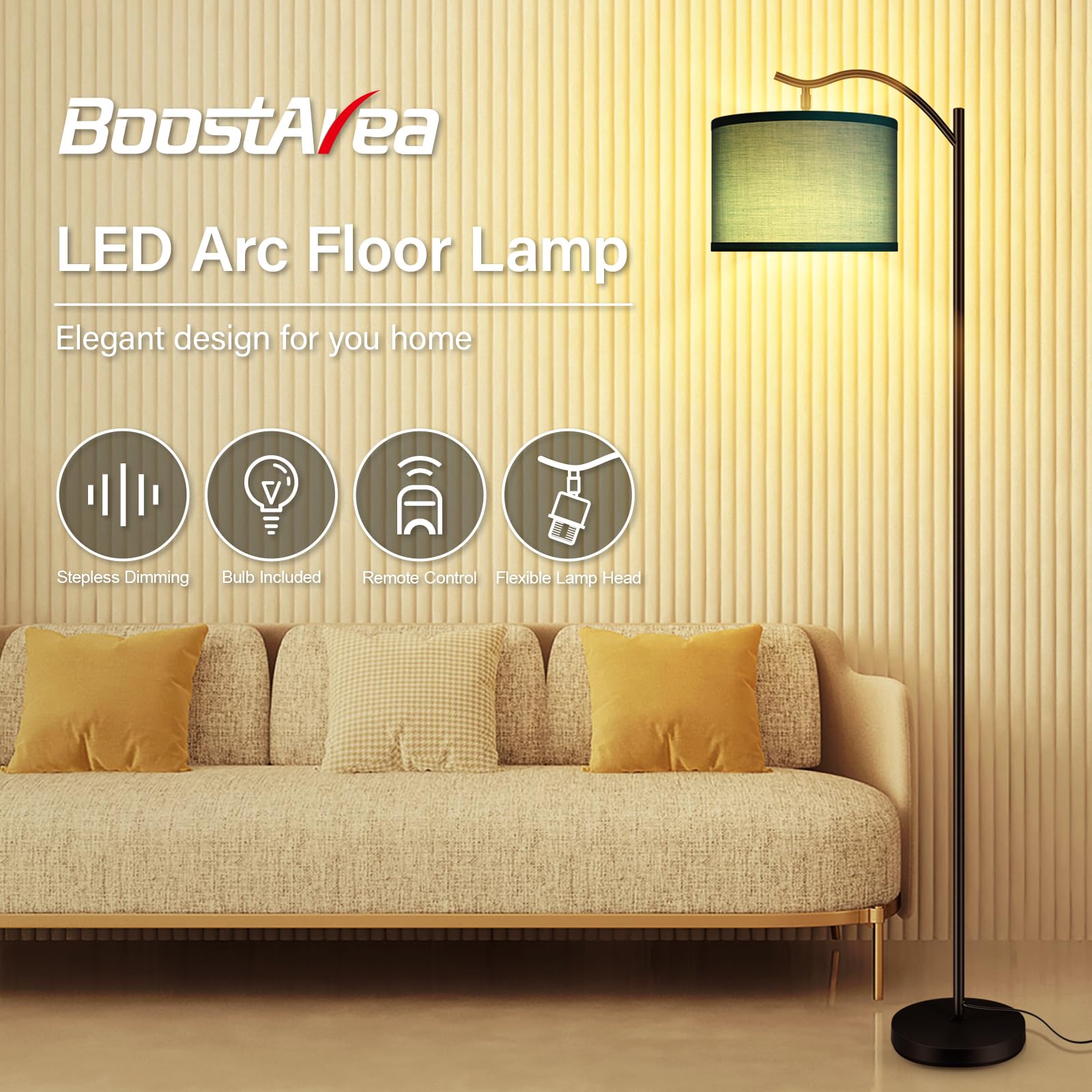 BoostArea Arc Floor Lamp, Remote Control, Stepless Dimmable, Green, Model B1369