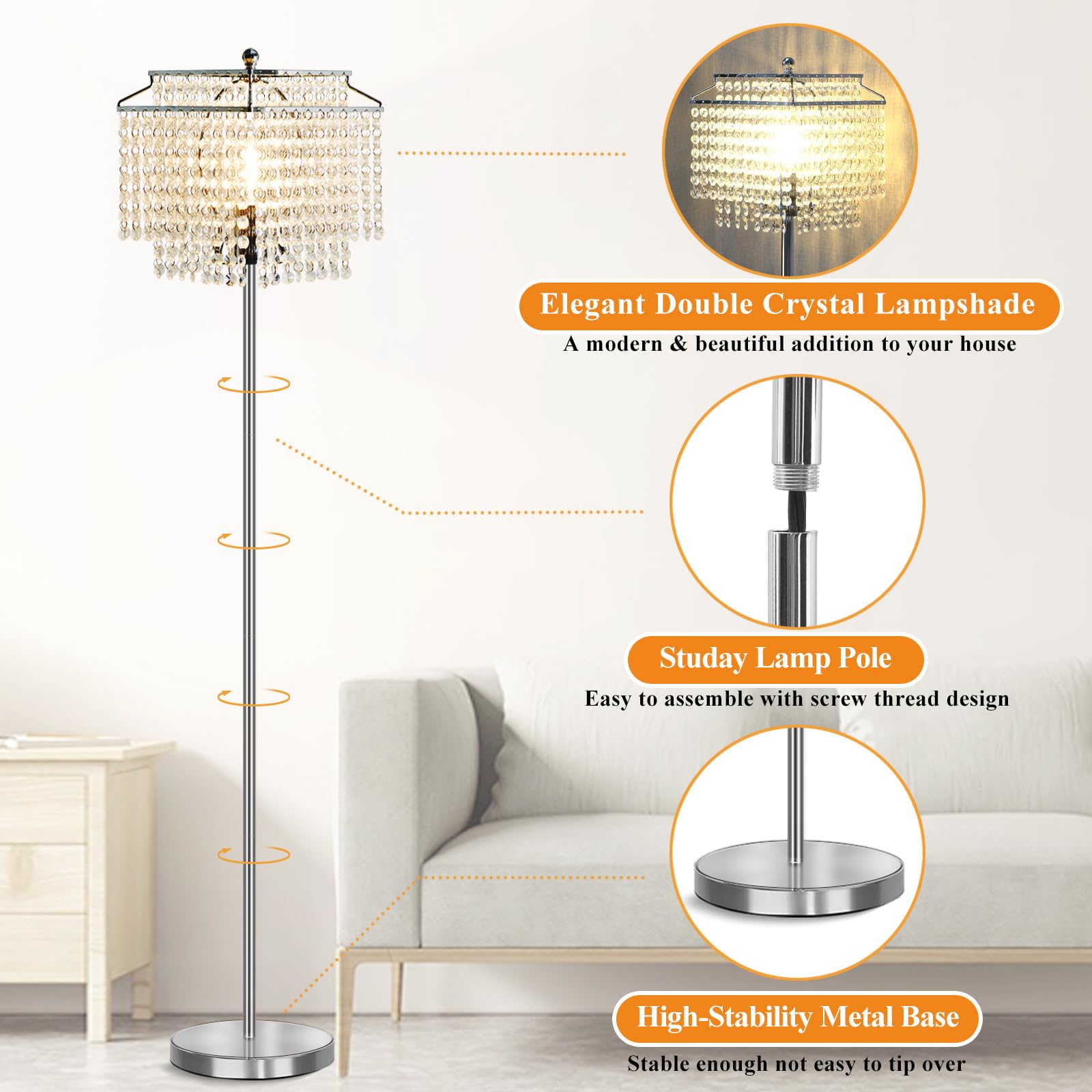 Luvkczc Silver Crystal Floor Lamp, Modern Design with Double-Layer Lampshade, On-Off Foot Switch, Tall Pole for Living Room & Bedroom
