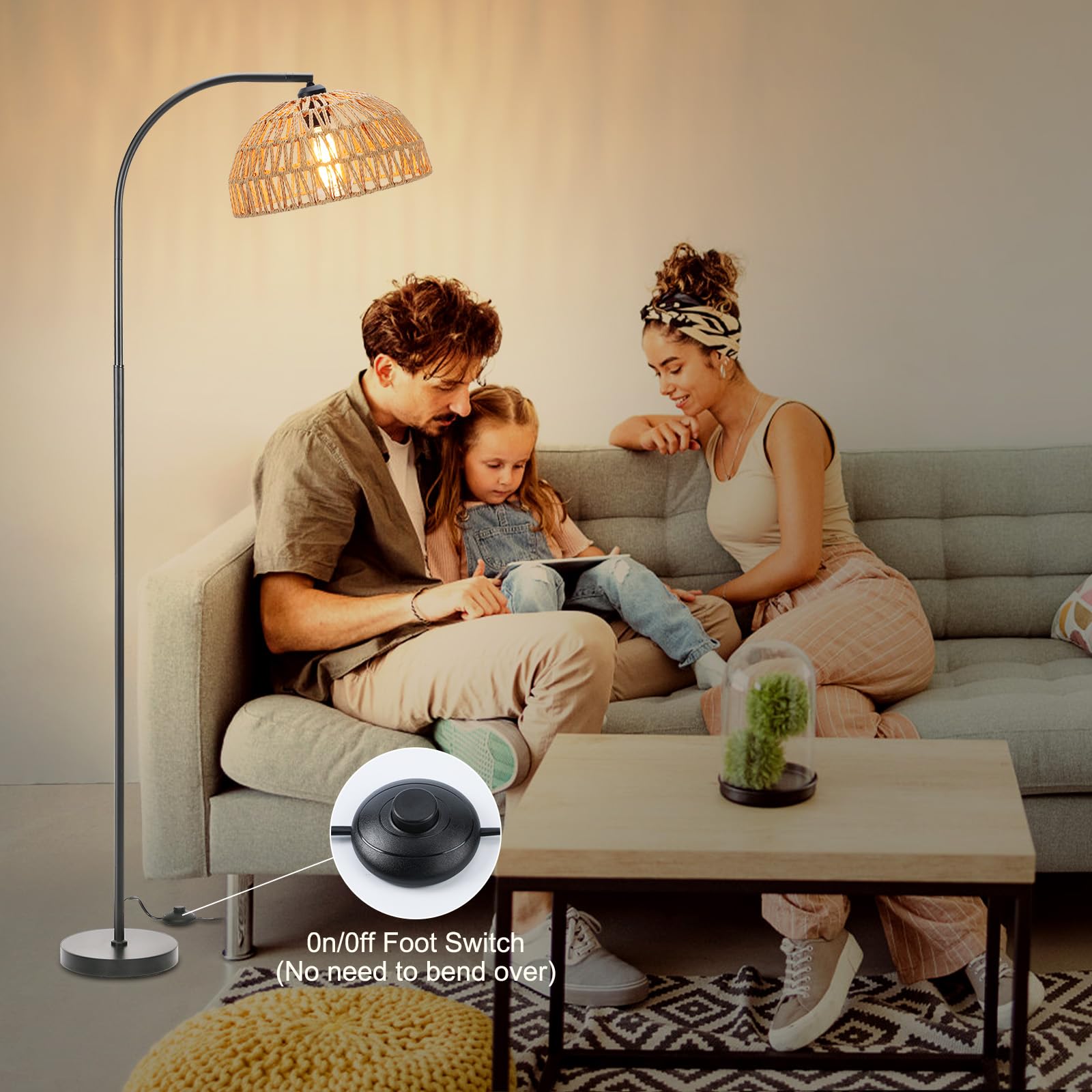 Oyxon Boho Arc Floor Lamp For Living Room With Rattan Lampshade, 65In Farmhouse Vintage Tall Lamp With Foot Switch, Bohemian Sta
