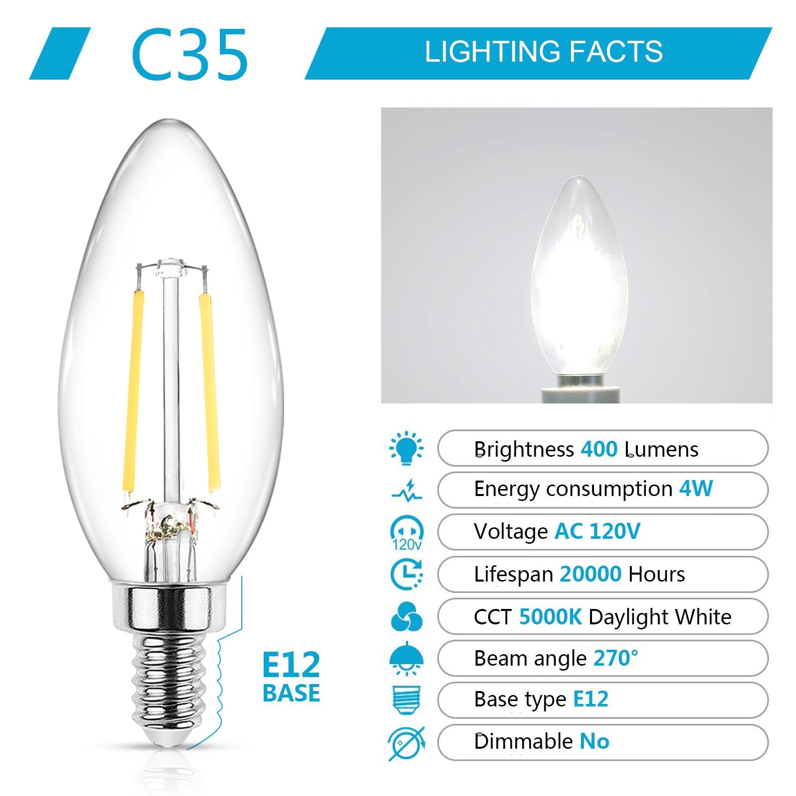 Ascher Classic E12 Led Candelabra Light Bulb 4W, Equivalent 40W, Daylight White 5000K, Non-Dimmable, Filament Clear Glass, Pack