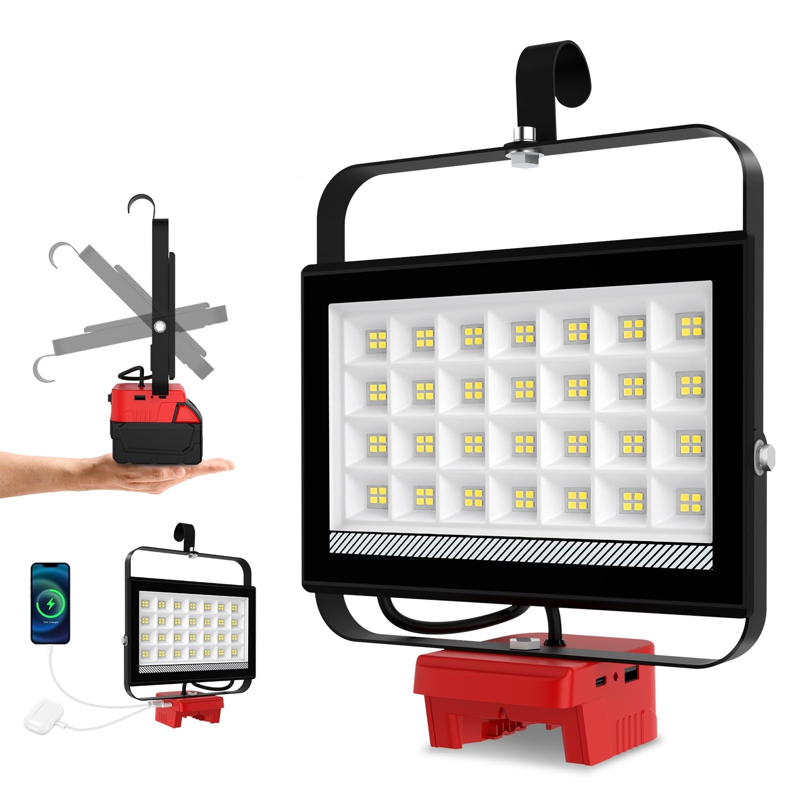 Cordless LED Work Light for Milwaukee 18V Battery, 100W 7000LM Flood Light, Battery Light for m18 Battery with USB & Type-C Char