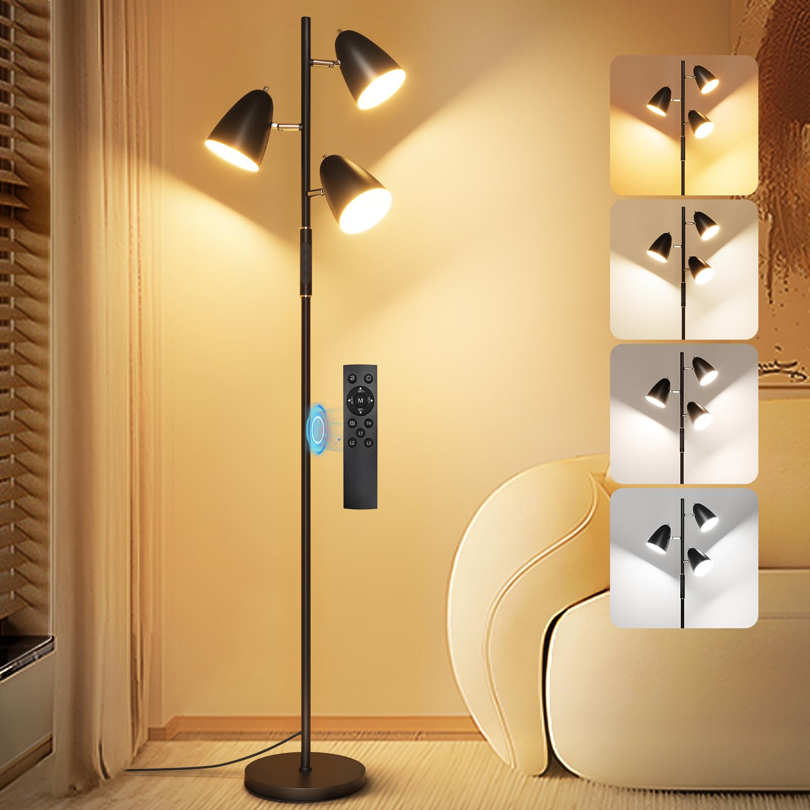 QiMH LED Floor Lamp for Living Room, Modern Dimmable Standing Lamp with 4 Color Temperature,Remote and Touch Control, Tree Floor