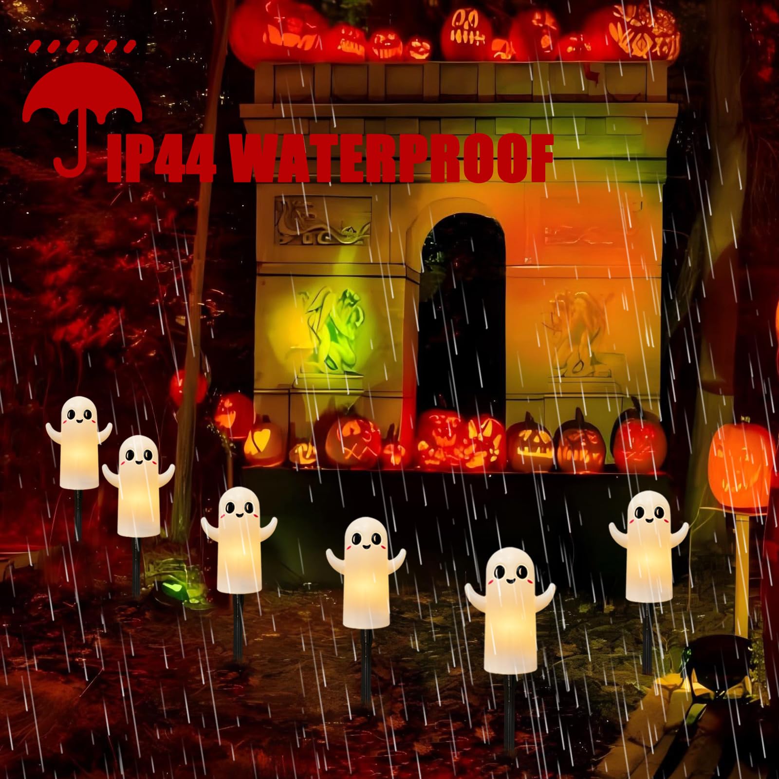 4 Pack Halloween Smiley Elves Pathway Lights, 7Ft Outdoor Halloween Decorations Lights With Led Smiling Ghost Yard Stakes Lights