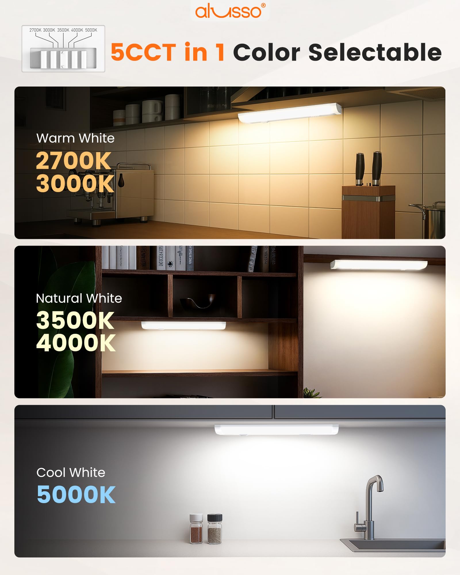 Alusso Lighting?12 Inch Led Under Cabinet Lighting Hardwired & Plug In  5Cct Color Selectable 2700K-5000K Dimmable 6W 510Lm High Brightness  Linkable Strip Under Counter Lights For Kitchen  1 Pack