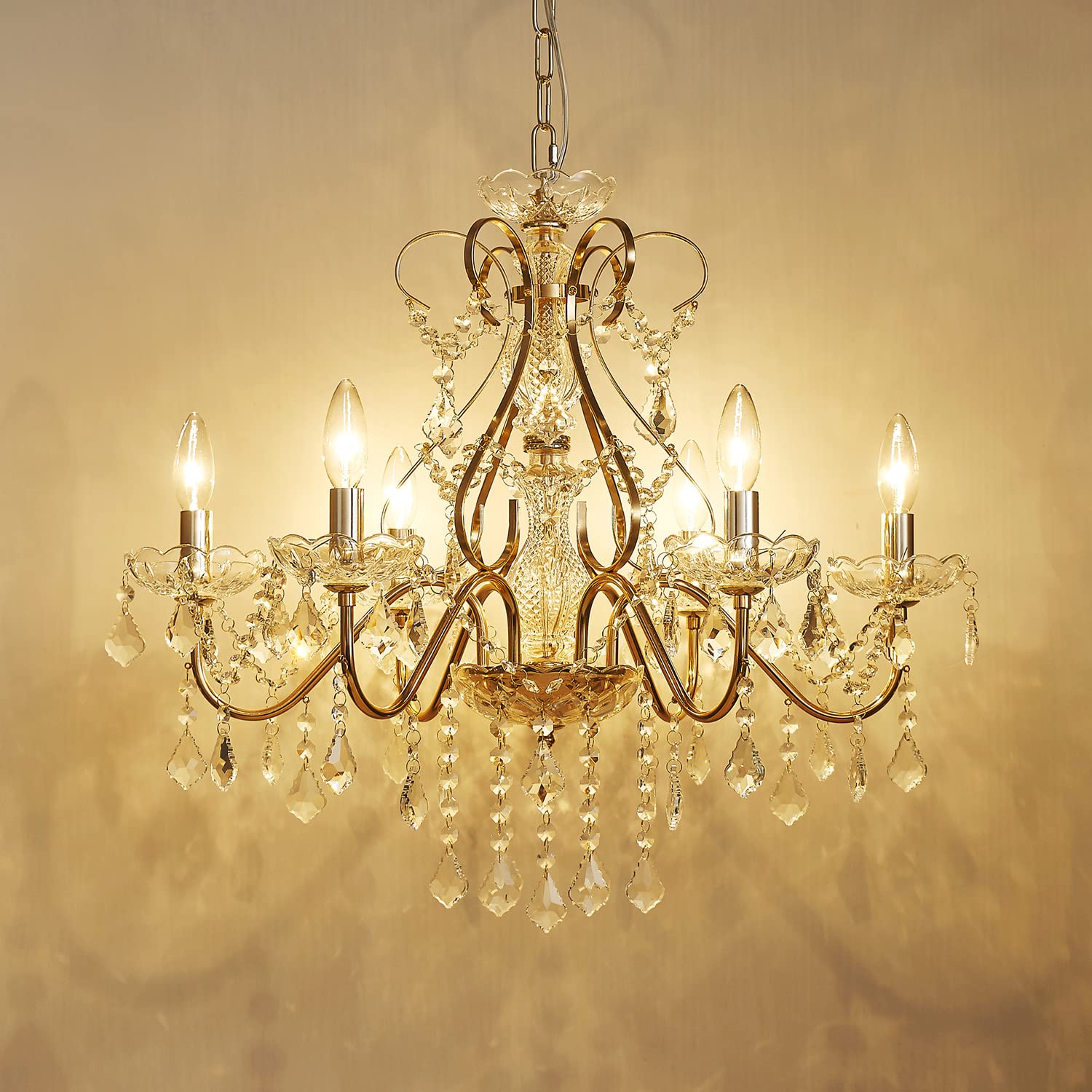 SM Saint Mossi 6-Light Crystal Chandelier, French Gold, H23 x D24, Modern Raindrop Lighting for Dining Room, Bedroom, Living Room