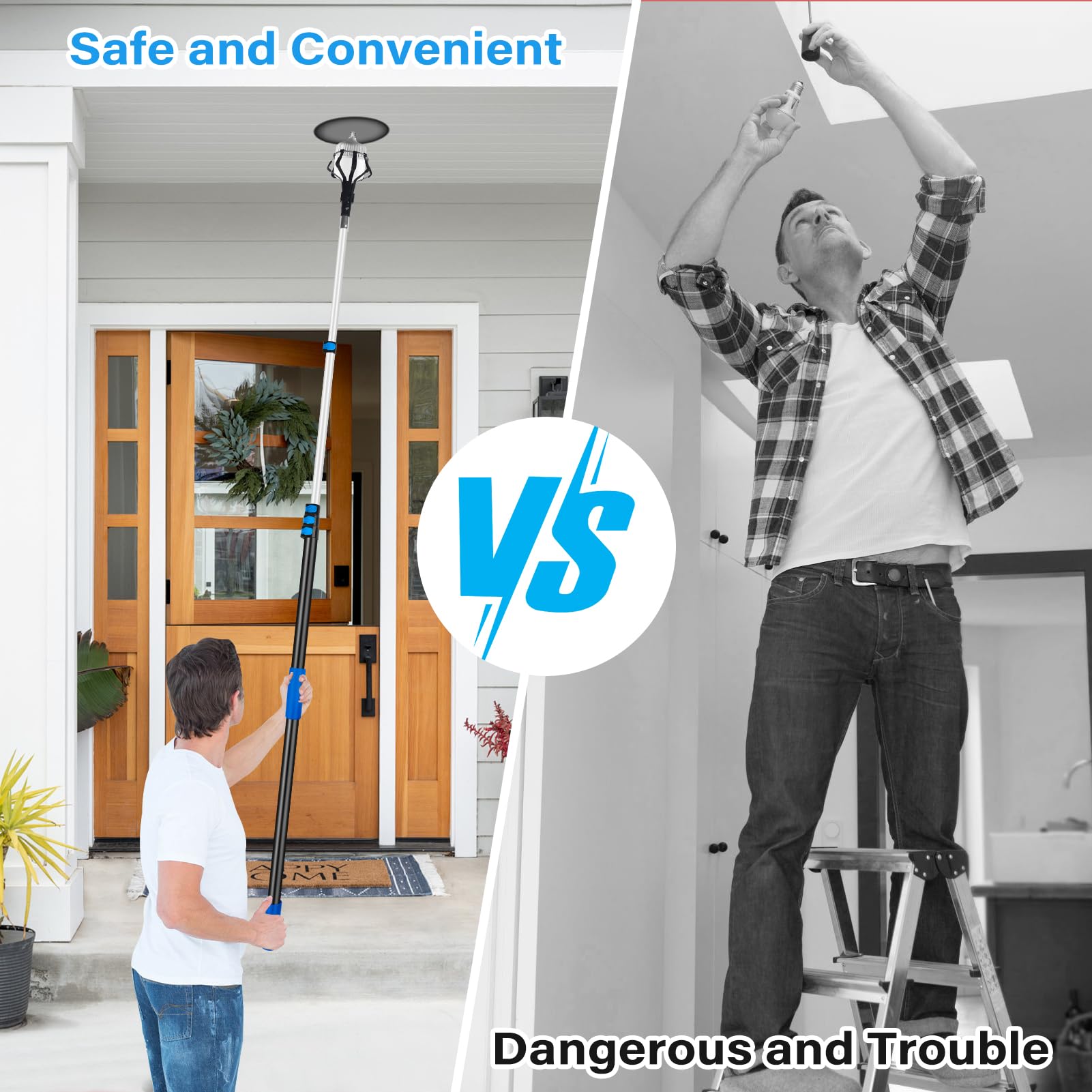 VASALAID Light Bulb Changer - 26FT Reach with 20FT Telescopic Pole, Aluminum, Blue, Model Lightchanger-20ft for High Ceilings