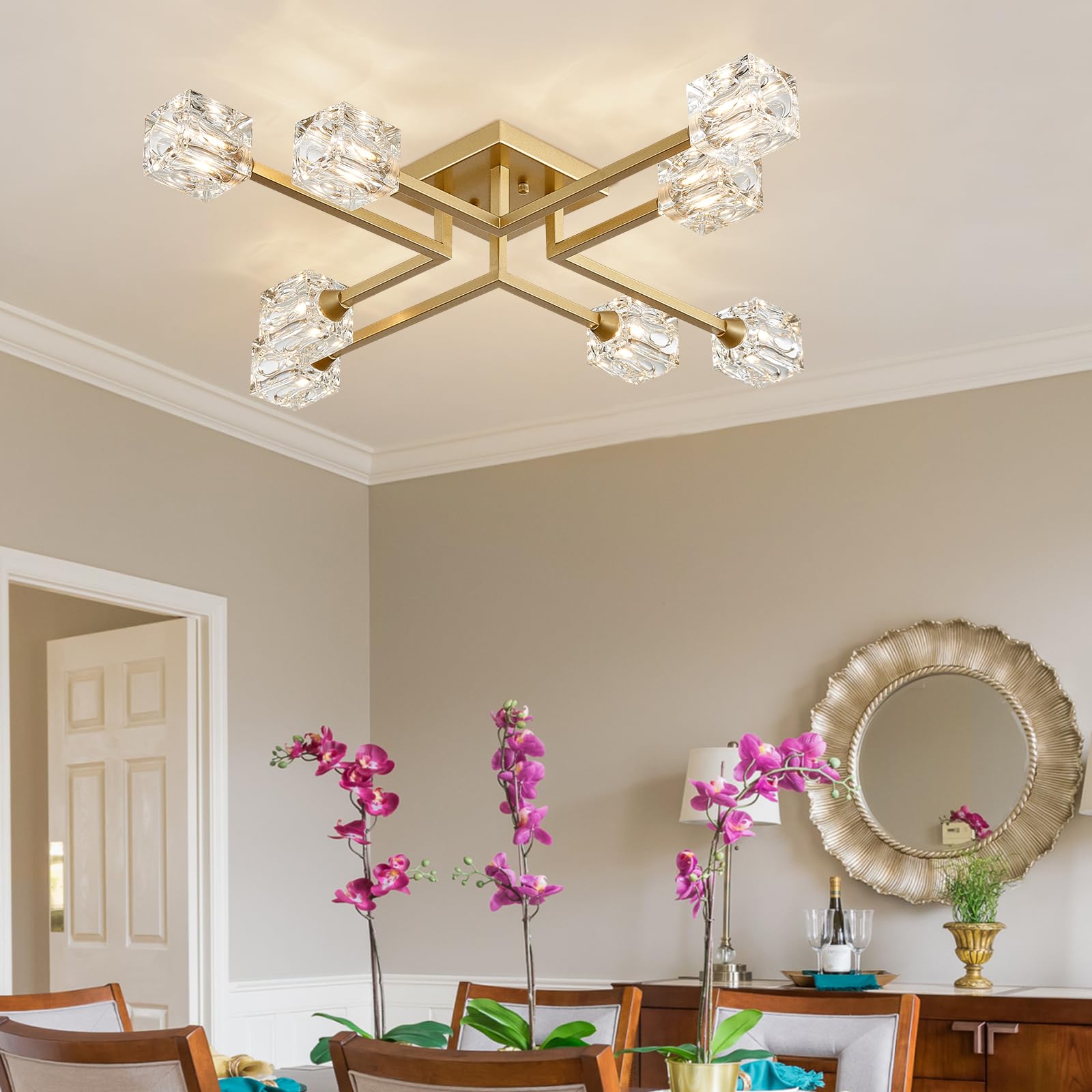 Peskoe 8-Light Gold Sputnik Chandelier Semi Flush Mount Ceiling Light Fixture, Modern Farmhouse Chandeliers For Dining Room Bedr