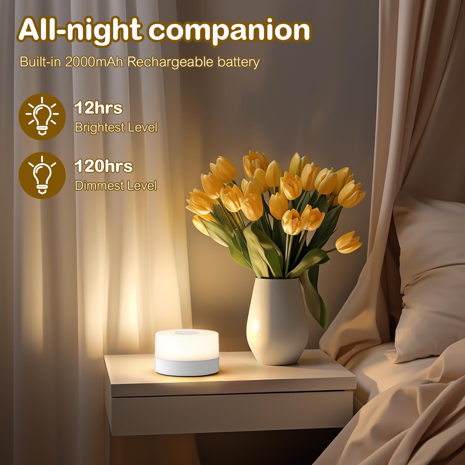 JUSHENG Baby Night Light - Rechargeable LED Touch Lamp, 3 Color Temperatures, Dimmable, Portable, White, Model CG0025WT