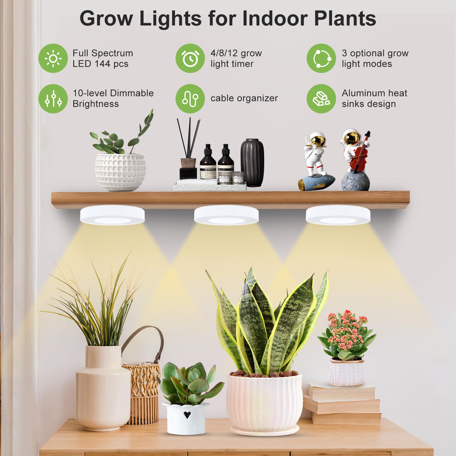 Aopeids 144 Led Grow Lights For Indoor Plants Full Spectrum 5000K, Upgraded 3 Lighting Modes, Plant Light With Auto On/Off Timer 4/8/12H, Halo Small Grow Light 10-Level Dimmable (White, Tri Head)