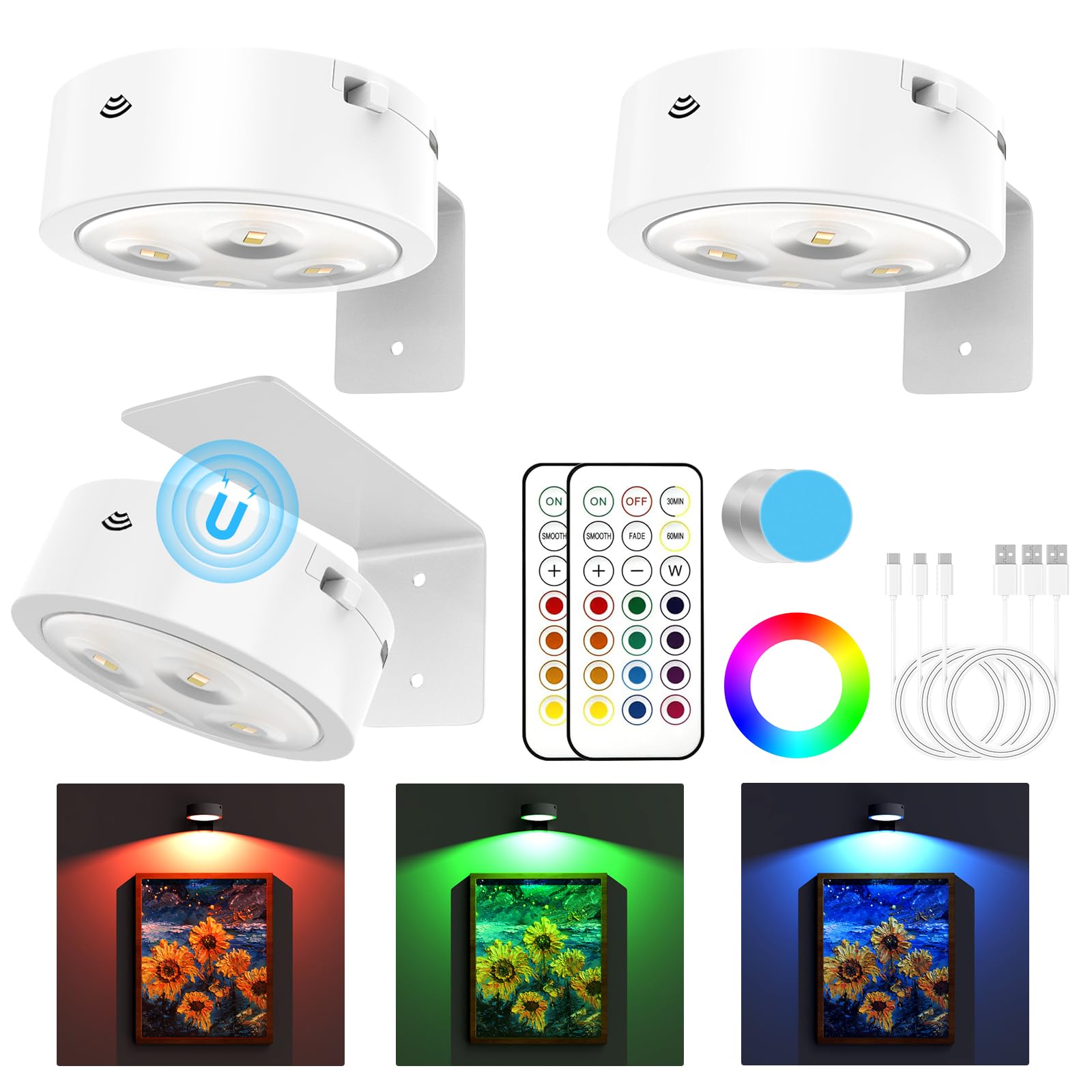 Narotood 3 Pack Picture Lights, 13 RGB Color, Battery Operated, Wireless Magnetic with Remote Control, White, Model 3BHD00012