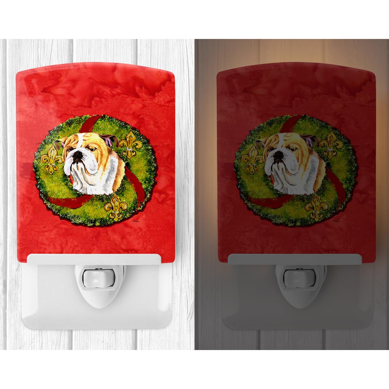 Caroline'S Treasures Sc9098Cnl Bulldog English Christmas Wreath Ceramic Night Light Compact, Ul-Certified, Ideal For Bedroom, Bathroom, Nursery, Hallway, Kitchen, 6X4X3, Multicolor