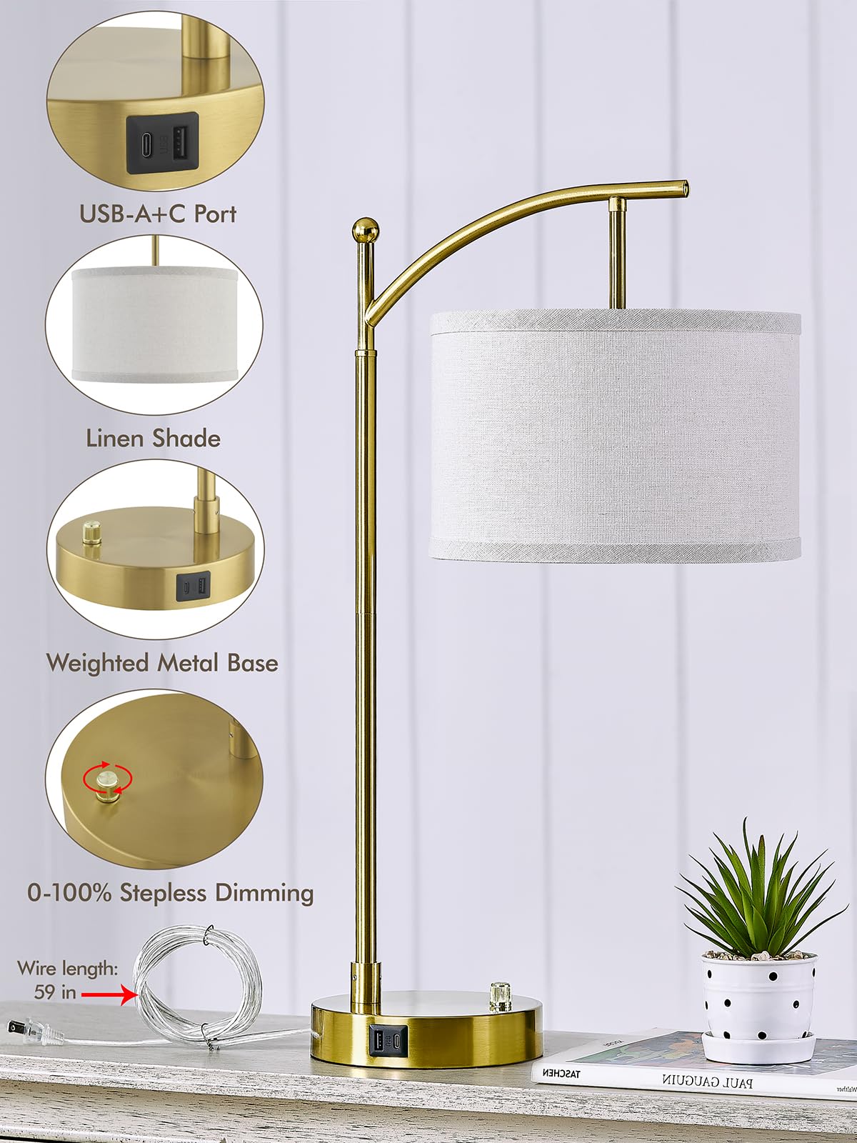 Hikczc Table Lamp Set of 2, 23.5in Gold with USB C+A Ports, Dimmable LED Bulbs Included, Iron Material, Model 2T-8101