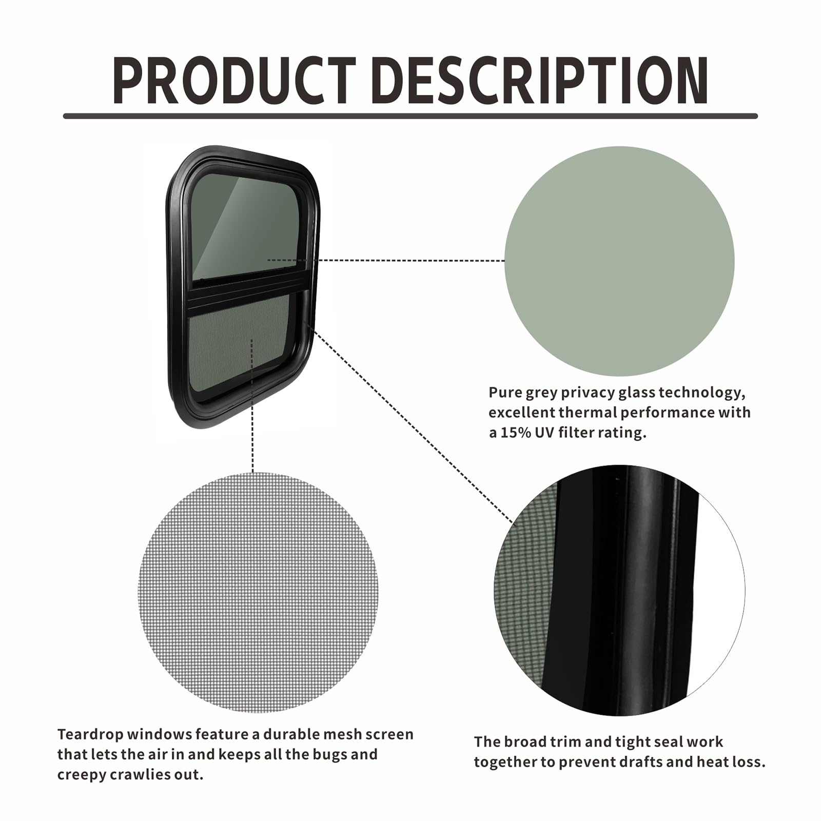 TZGP RV Window, 14in W x 16in H Vertical Slide, Tempered Glass, Black, Model SLIDER RV WINDOW 07, DOT Certified