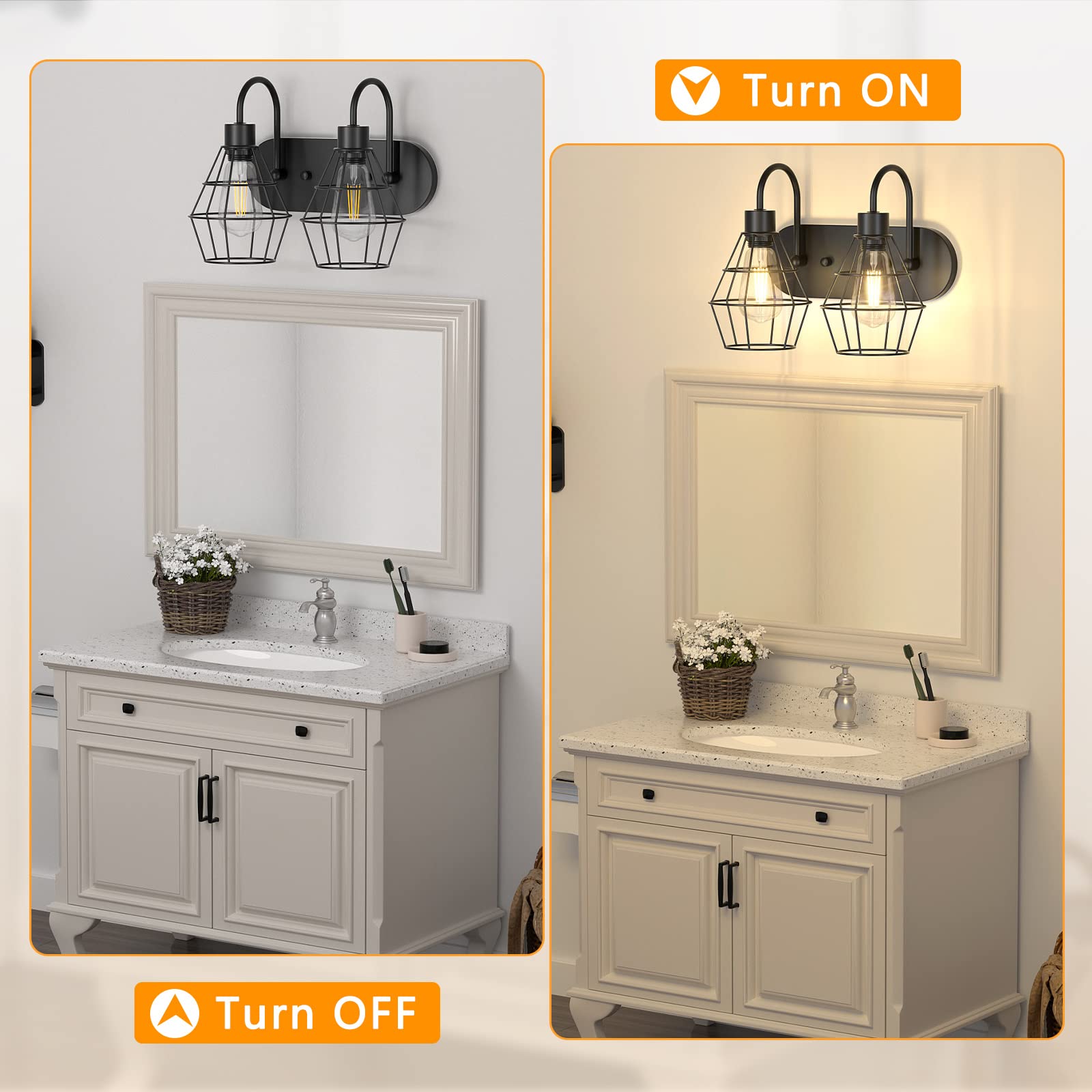 Elibbren 2-Light Bathroom Vanity Light Fixtures, Black Metal Cage Wall Sconces, Model KX-UR1O-6NXR_2L