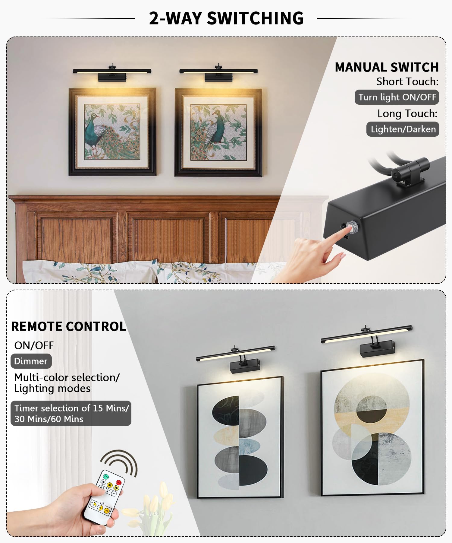 Joosenhouse Battery Operated Picture Light 5000Mah Rechargeable Black Art Light 15.7'' Wireless Picture Lights For Wall With Rem