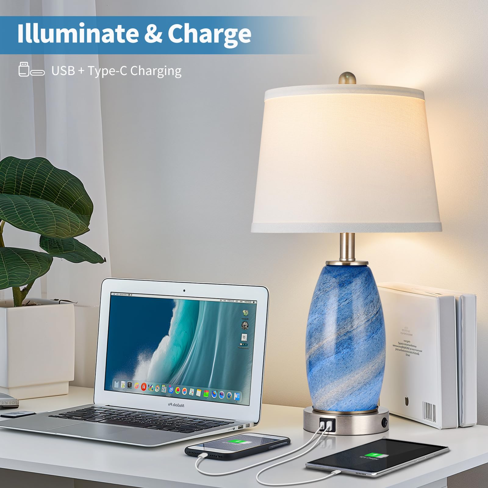 Table Lamps Set Of 2, 3-Way Lighting Modes Modern Table Lamps For Bedroom, Blue Bedside Lamps With Usb C+A, Glass Nightstand Lamps, 23.5" Table Lamps For Living Room Bedroom Decoration