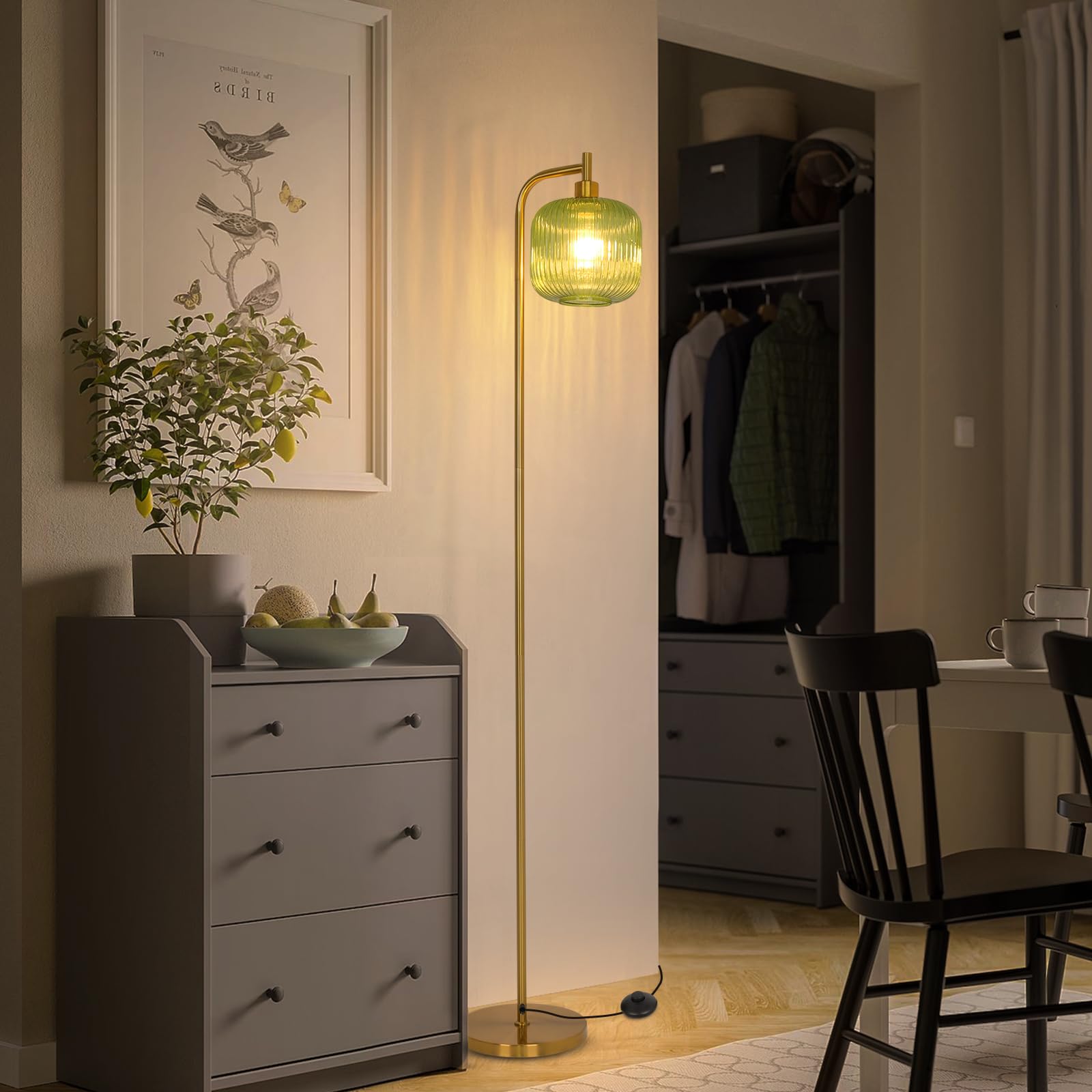 Adisun Glass Floor Lamp For Living Room, Modern Floor Lamp Ribbed Glass Lampshade Pedal Switch, Tall Lamp For Bedroom Study Room