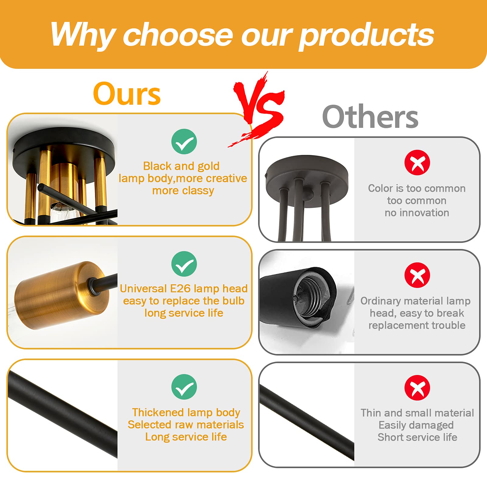 Uofus 7-Light Semi Flush Mount Ceiling Light Fixture, Modern Black & Gold Chandelier For Home