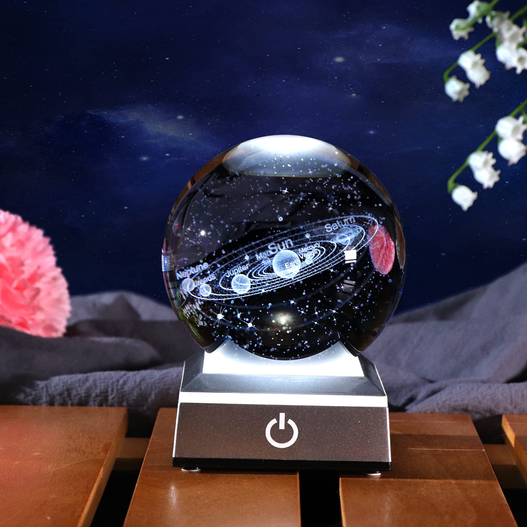 Ornalrist 3.15" K9 Crystal 3D Solar System Ball With Silver Led Colorful Lighting Touch Base, Engraving Solar System Star Planet Model, Science Universe Astronomy Gifts For Astronomy Lovers
