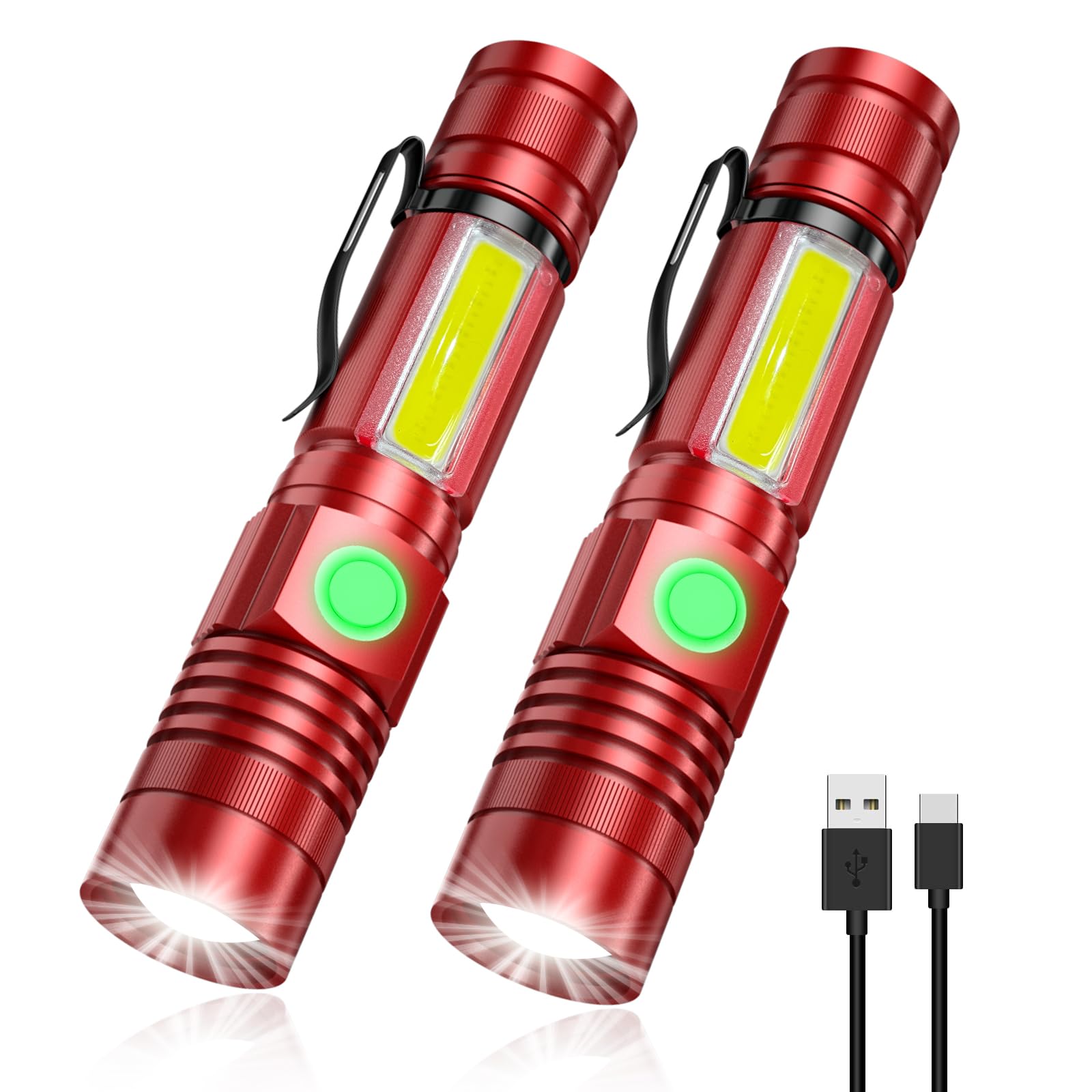 Vnina Rechargeable Tactical Flashlight - USB Magnetic, Zoomable, Waterproof, LED - 2 Pack Red, Model 006, Aluminum