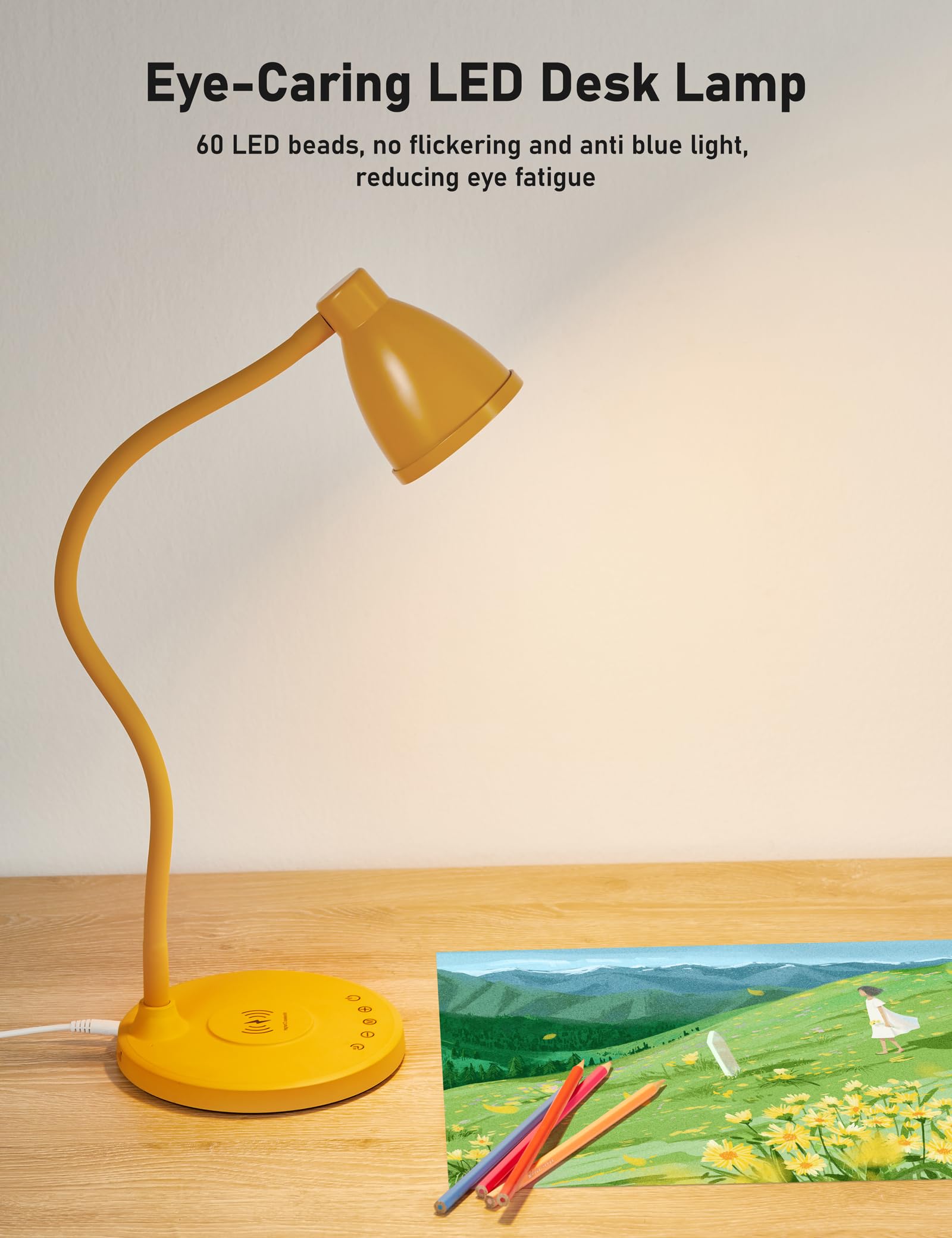 Bohon Led Desk Lamp With Usb C+A Charging Ports Wireless Charger, 5 Colors Stepless Dimming Touch Reading Light, Flexible Goosen