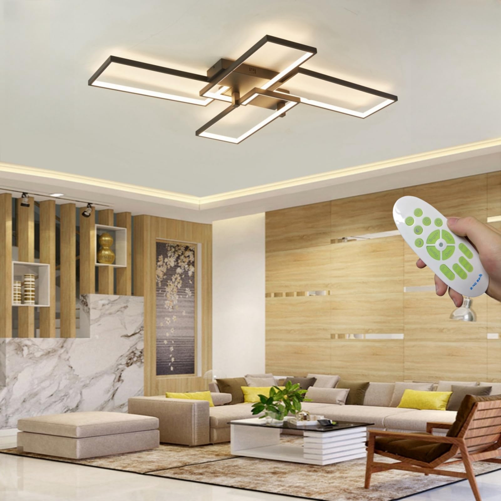 FBFC 47'' Modern LED Ceiling Light Fixture 65W Dimmable with Remote Control Ceiling Lighting, Black Flush Mount Chandelier Ceili