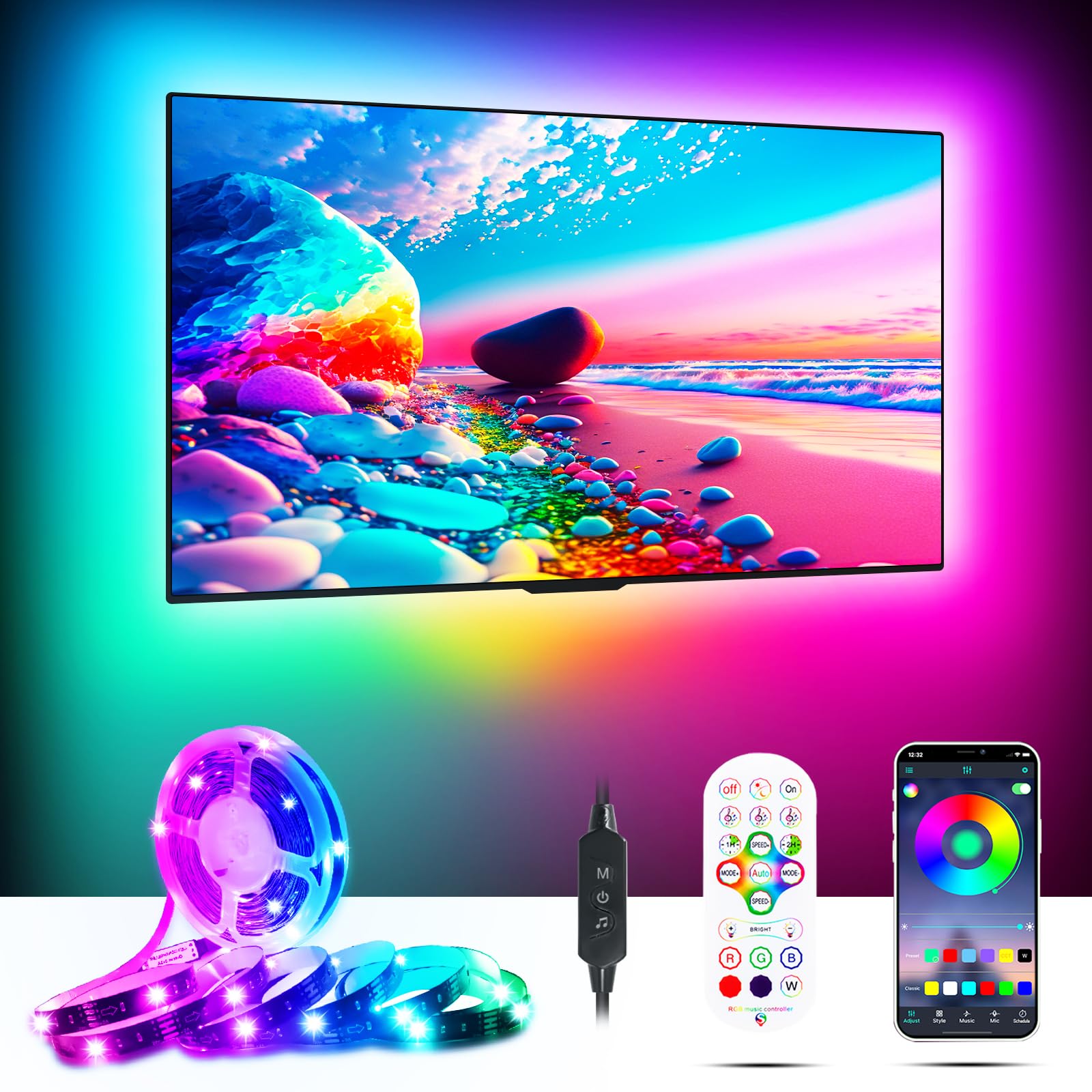 Moriacc Led Lights For Tv,16.4Ft Rgb Tv Lights Backlight Behind,For 55-75 Inch,Smart App Remote Control,With Remote,Music Sync,Usb Powered,For Bedroom/Gaming