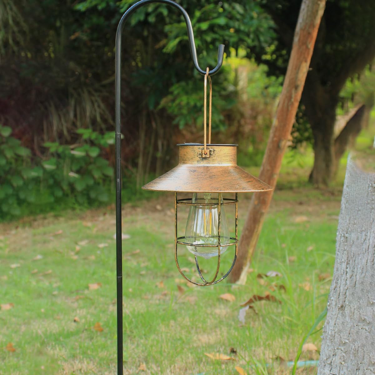 2 Pack Solar Lanterns, Outdoor Hanging Lights Metal With Shepherd Hook Warm White Edison Bulb Design For Garden And Birthday Gif