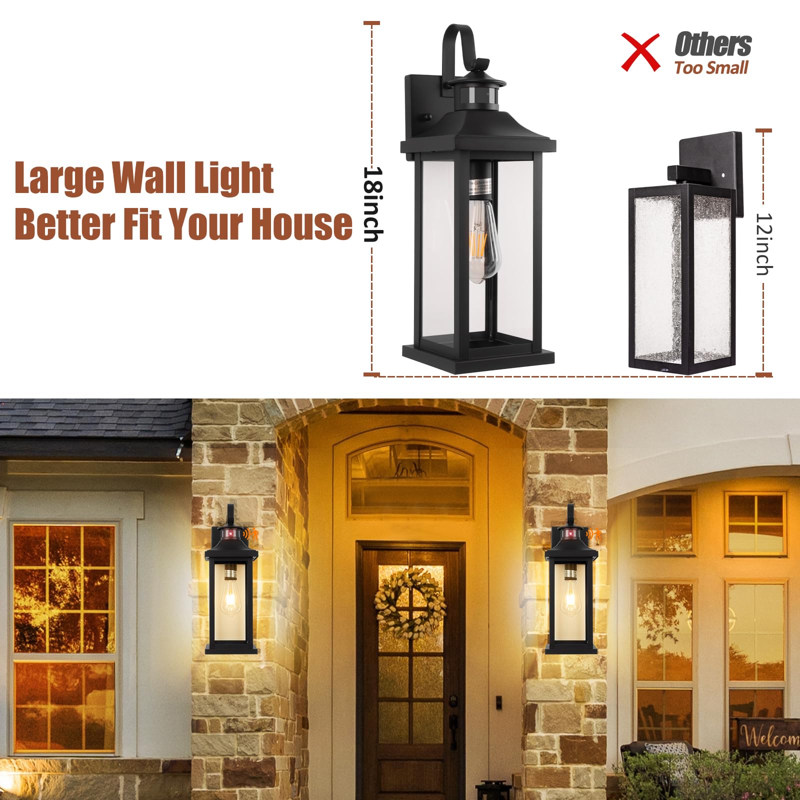 Roravilila 18 Inch Motion Sensor Outdoor Lights 2-Pack, Large Black Dusk To Dawn Outdoor Porch Lights For House Ip65 Waterproof