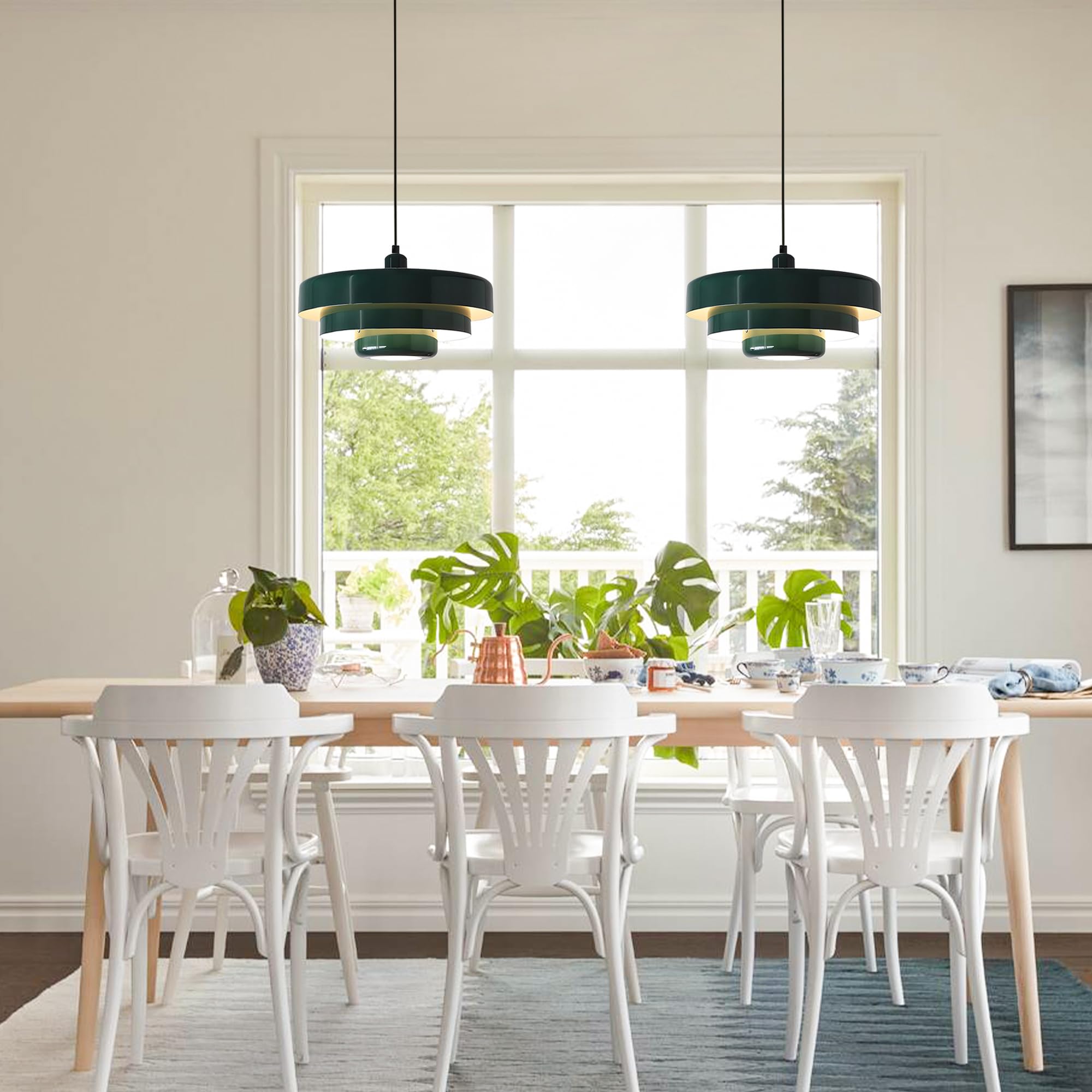 DoungRos Mid Century Pendant Light - 3-Layer Green Metal Shade - Vintage Flush Mount for Dining Table, Kitchen Island, Hallway - Model DR001