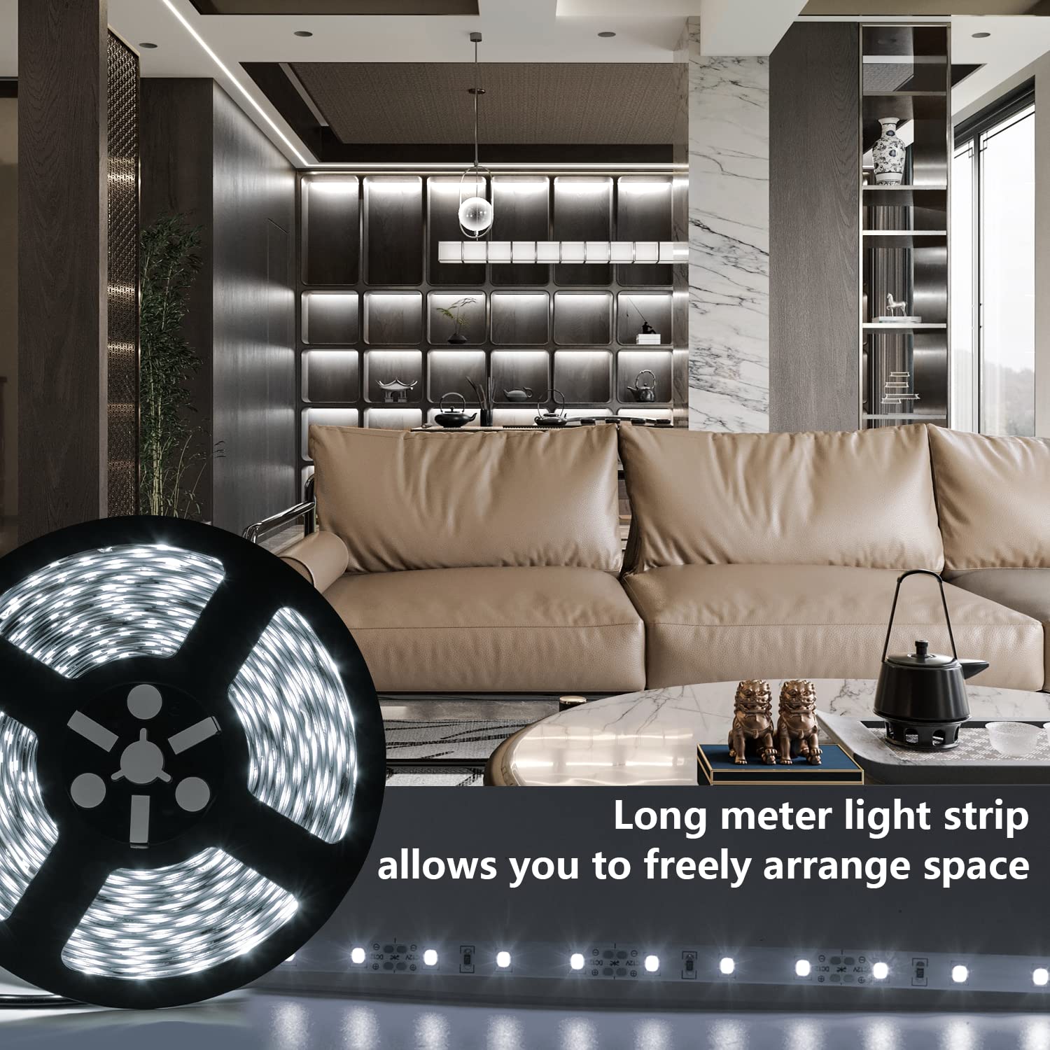 ollrieu LED Strip Lights 65.6ft Dimmable 6000K White 1200 LEDs for Kitchen, Under Cabinet, Bedroom, Model OL001020-01-US