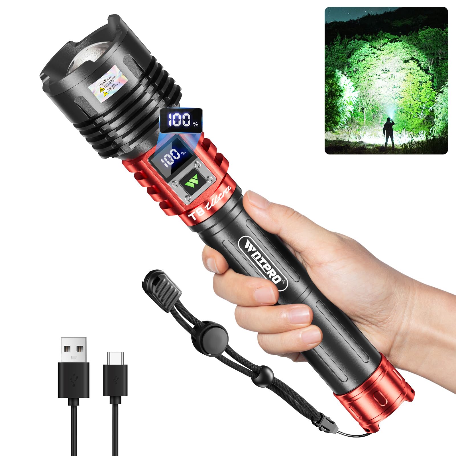 WdtPro Rechargeable LED Flashlights High Lumens  Super Bright 90000LM Rechargeable Flashlight with LCD Display  5 Modes & Waterproof Powerful 10000mAh 30H Flashlight for Camping Emergency Red