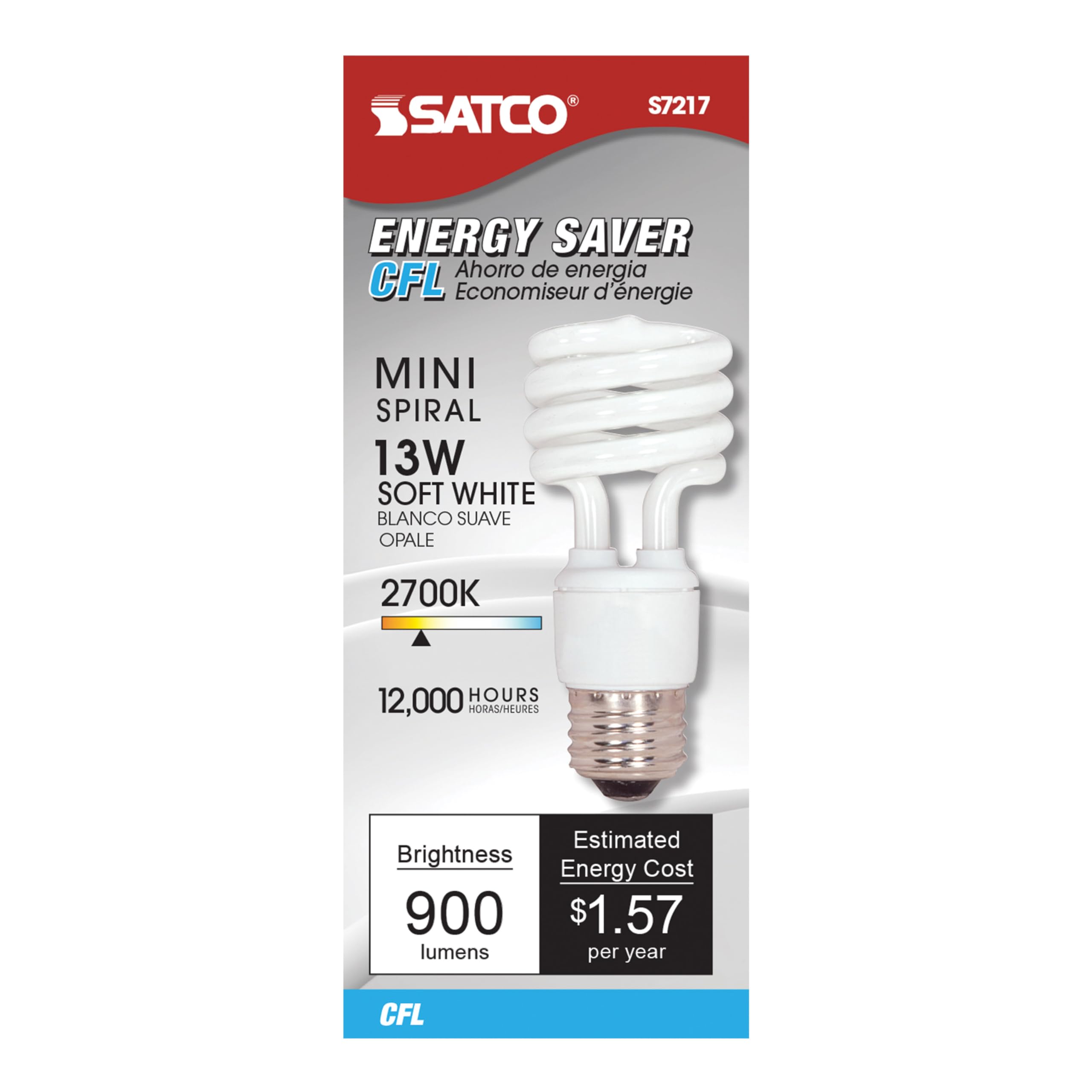Satco S7217 13W Mini Spiral Light Bulb, 2700K, 120V, White, Medium Base, Enclosed Fixture, Equivalent to 60W Incandescent
