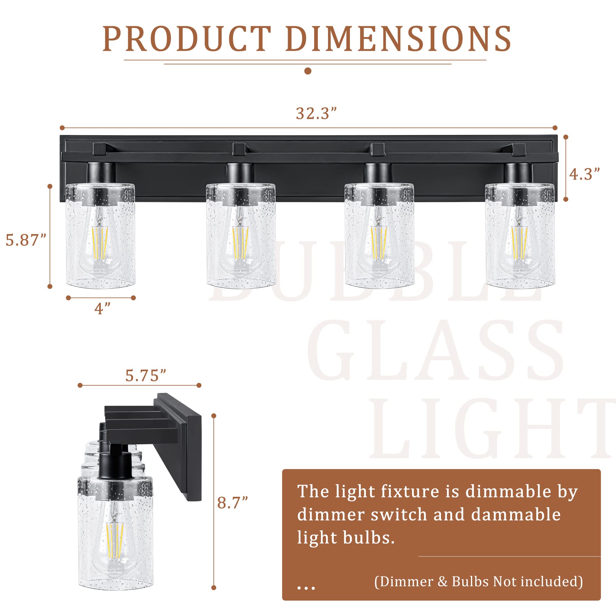 Espird Bathroom Vanity Light - 4 Light Matte Black Fixture with Seeded Glass Shade, 33 inch Modern Wall Sconce, Model W-011-1
