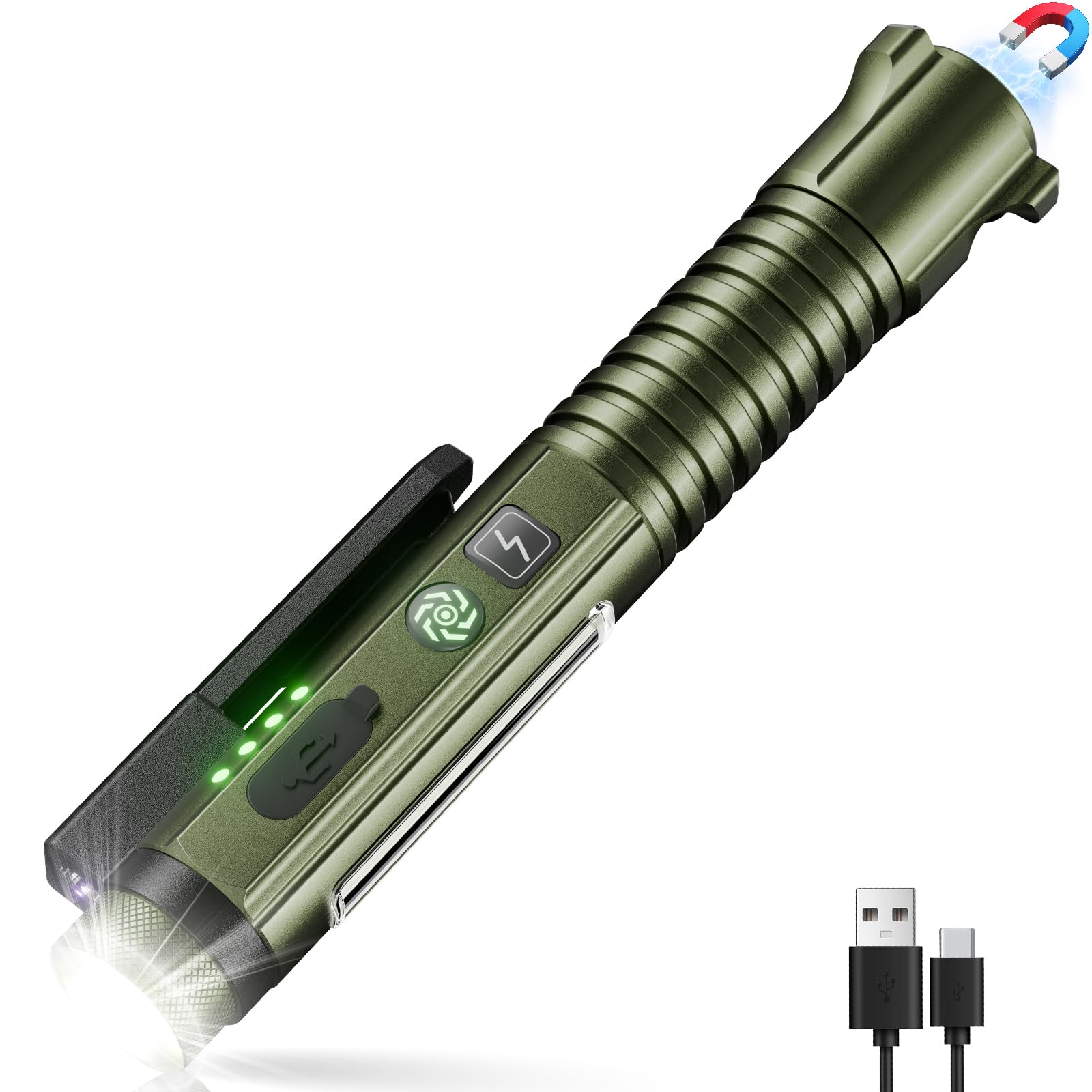 Sogdeco Rechargeable Flashlight, 1400 Lumens, 10 Modes, Magnetic Clip, Waterproof, Mini Model SDM46, Green