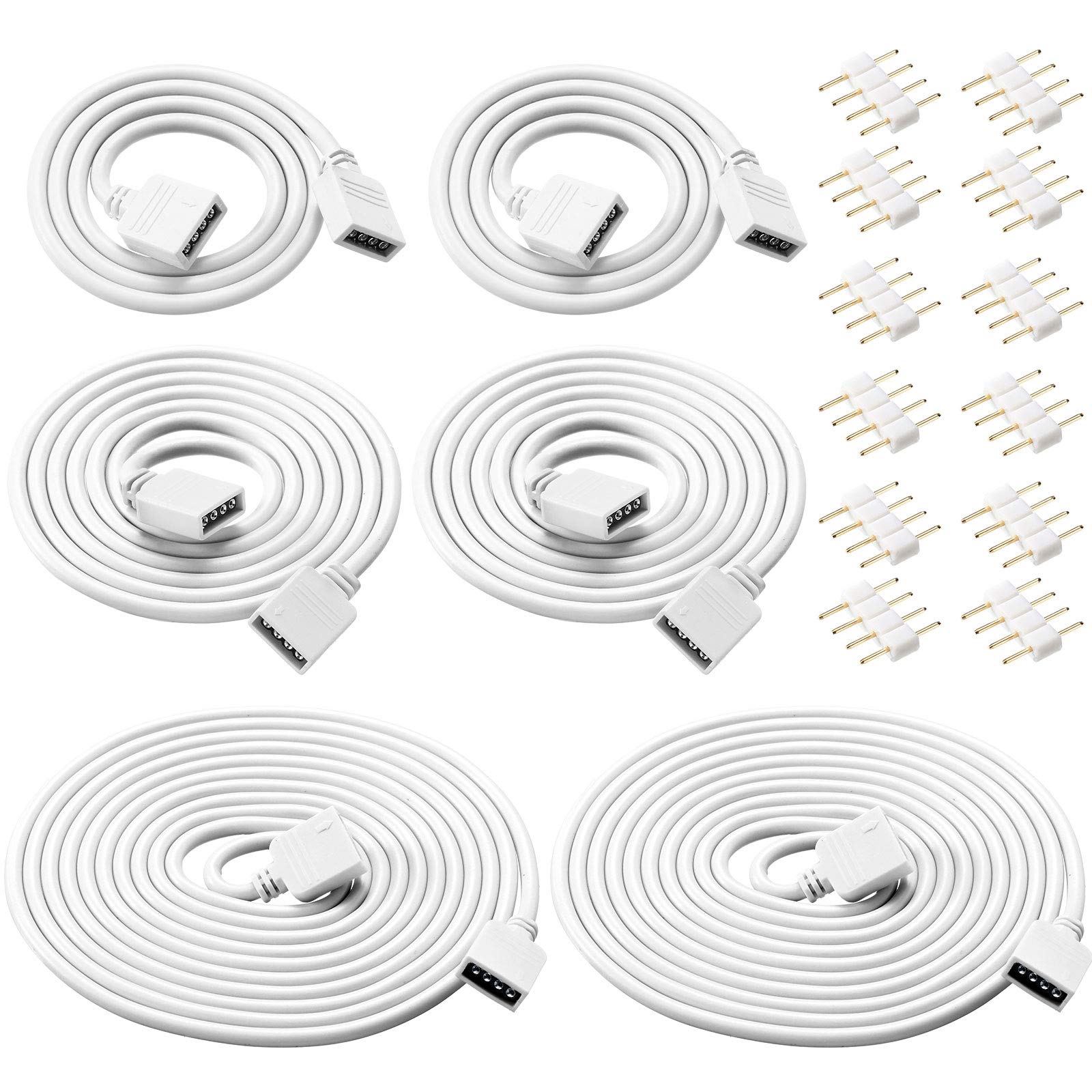 Honoson 6 Pieces 4 Pin RGB Extension Cable Kit, Solderless Jumper Cables with 12 Pin Connectors, White, 1.6 FT, 3.3 FT