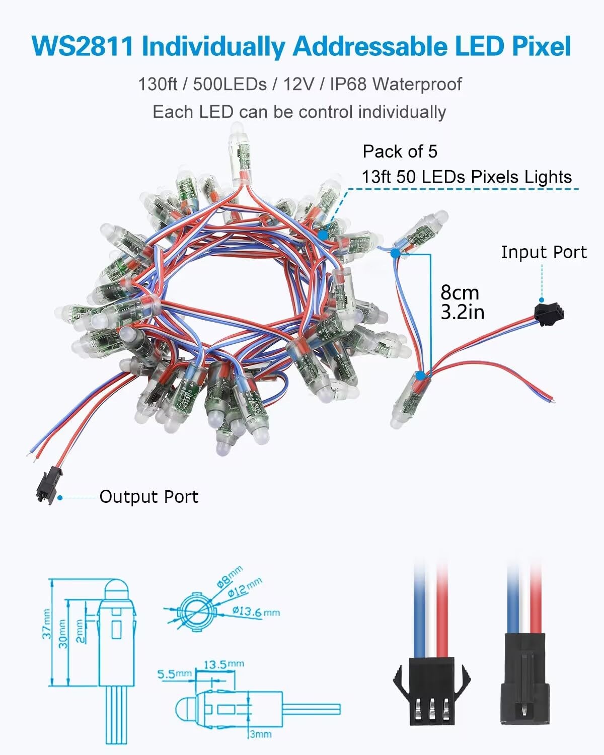 Alitove 500Pcs Ws2811 Individually Addressable Rgb Led Pixels Light 12Mm Round Diffused Digital Color Changing Led Module Light