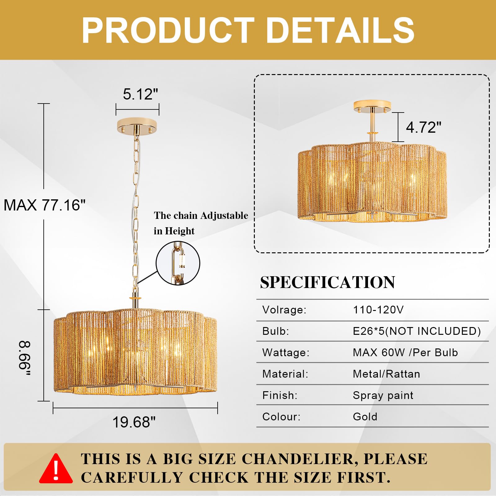 Tbaoinla 5-Light 19.6'' 2-In-1 Linear-Woven Rattan Ceiling Light - Convertible Flush Mount/Pendant For Kitchen Island & Dining R