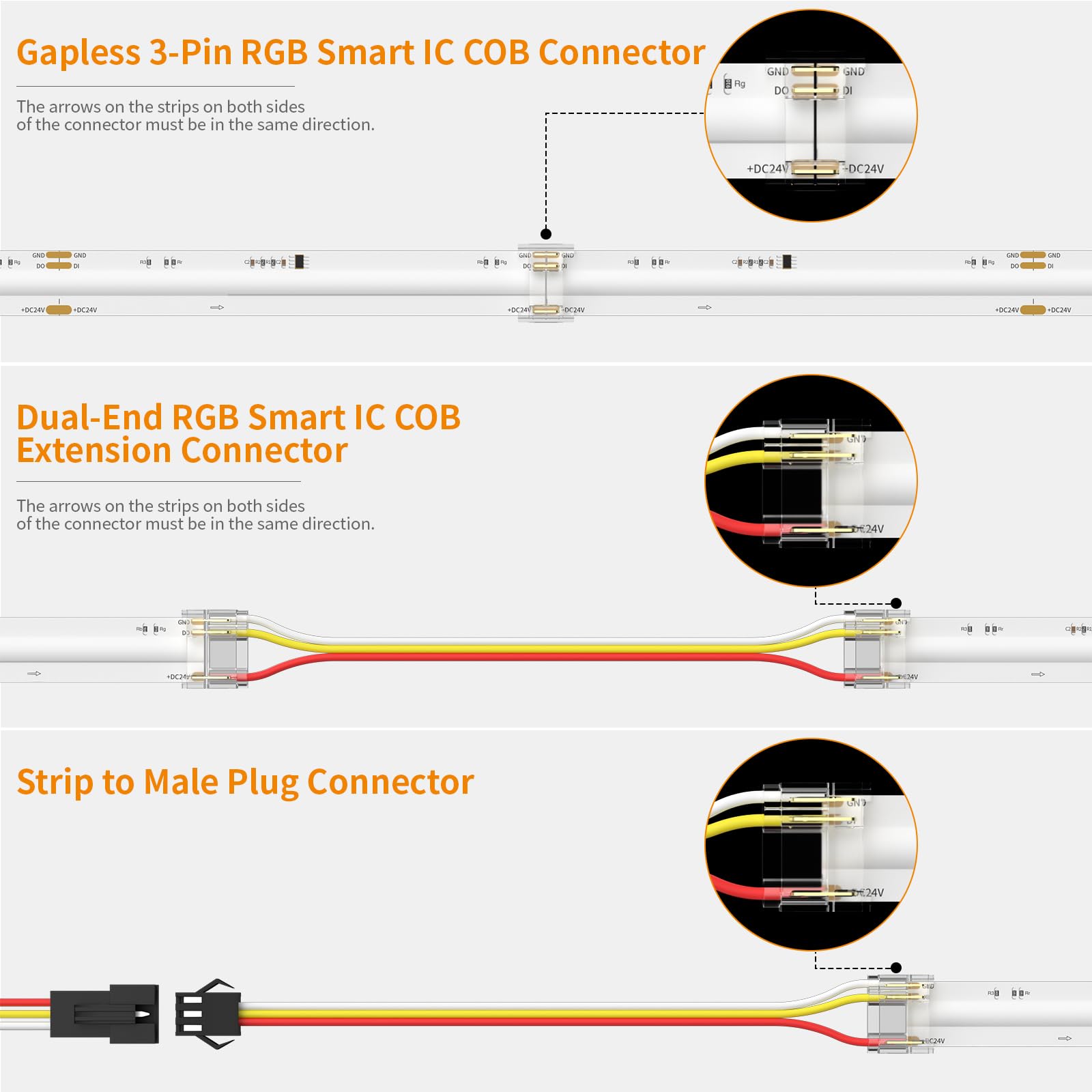 Pautix 12Mm Connectors For Rgb Smart Ic Cob Led Strip Light,3-Pin Solderless Terminal Connection Kit,Dual-End Extension Connector,Strip To Male Plug Connector,Gapless Connector,Strip To Wire Connector
