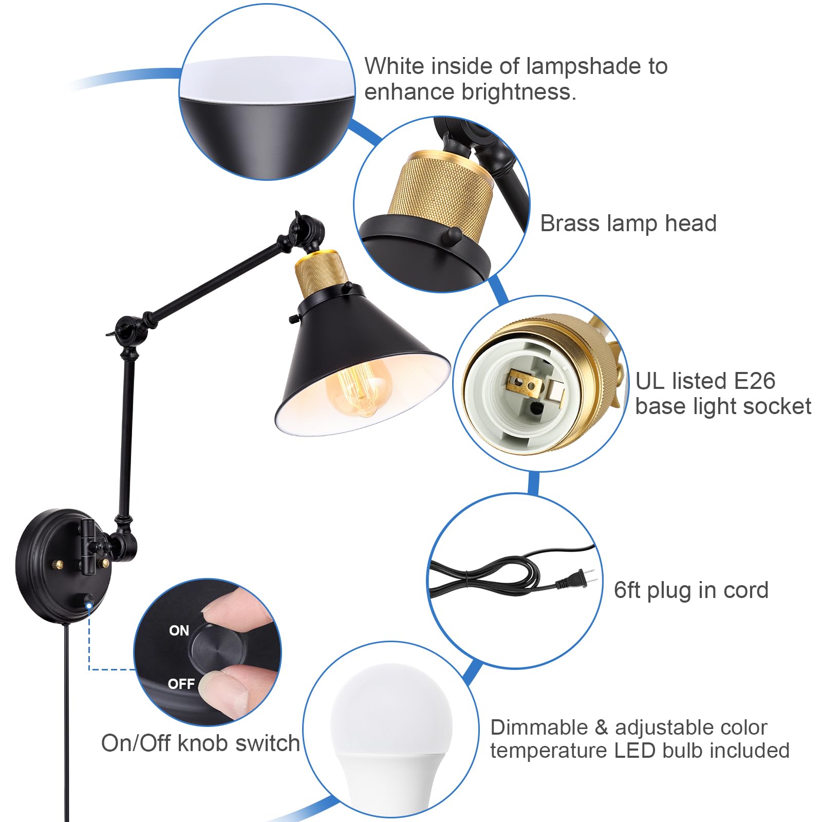 TRLIFE Dimmable Wall Sconce, Remote Control, Adjustable Color Temp 2700K-6000K, 2 Pack, Black, Metal, Model Two-Arms-01-2Re