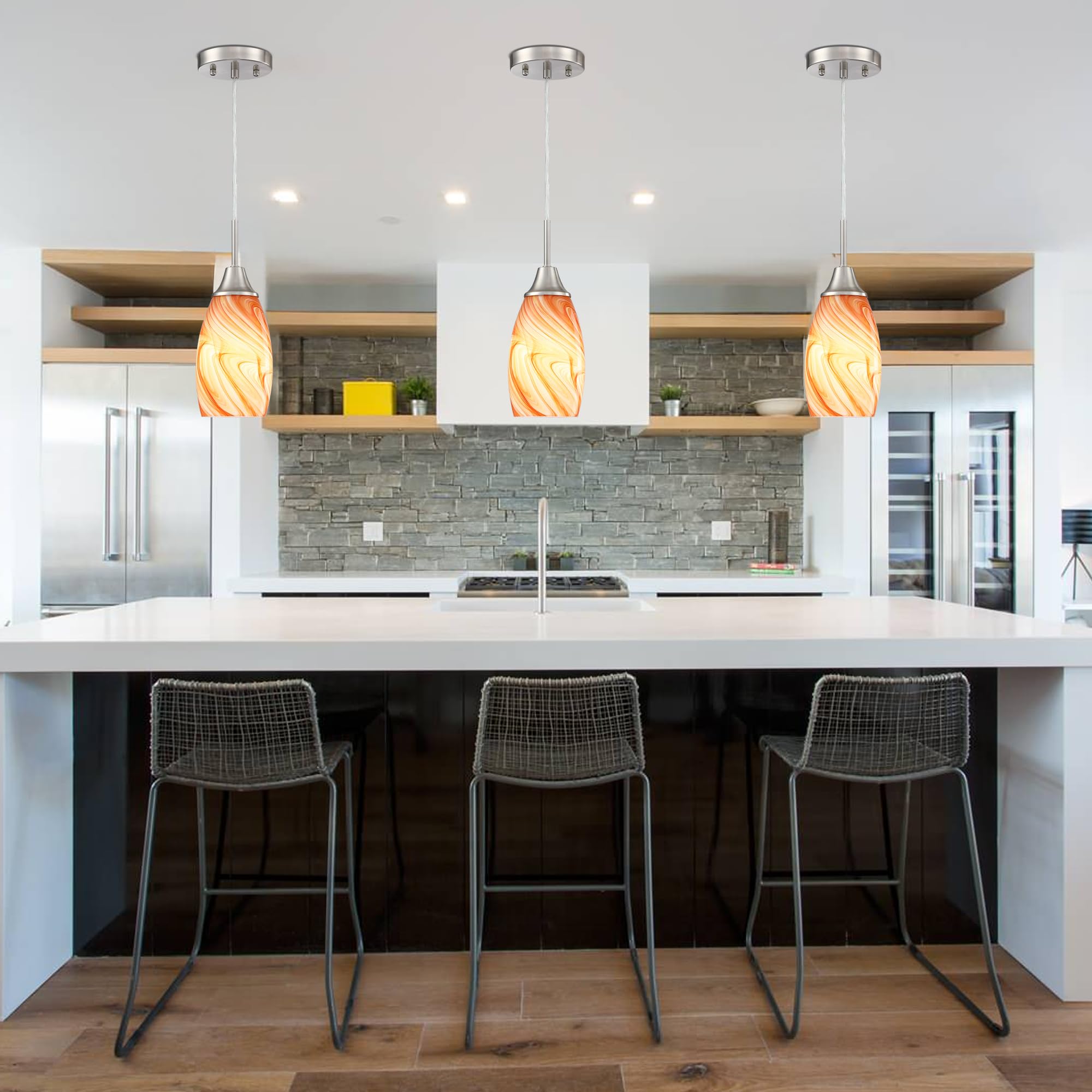 Viinew Mini Glass Pendant Light 1-Pack With Handblown Orange Marble Art Oval Glass Lamp Ceiling Hanging Light, For Dining Room,K