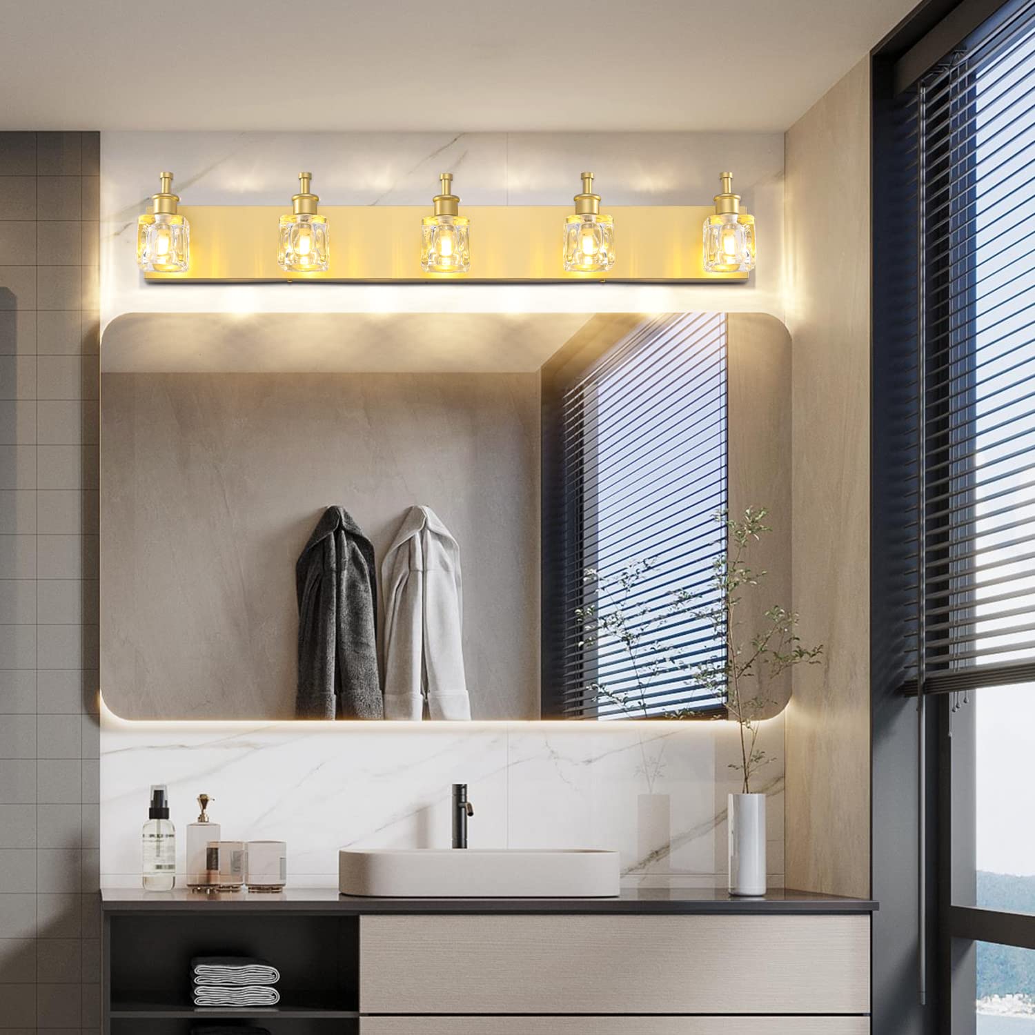 PRESDE Modern Crystal Vanity Light Fixture, 5 Lights, Gold Finish, Bathroom Wall Light for Over Mirror