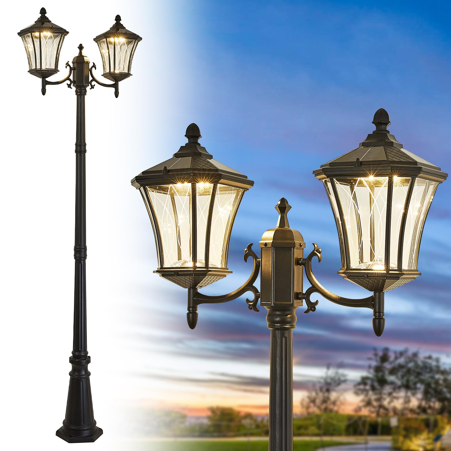 SCNYCUL Outdoor Solar Lamp Post Lights with Dusk to Dawn Sensor, Waterproof Led 2-Head Street Lights, Modern Solar Column Pole L