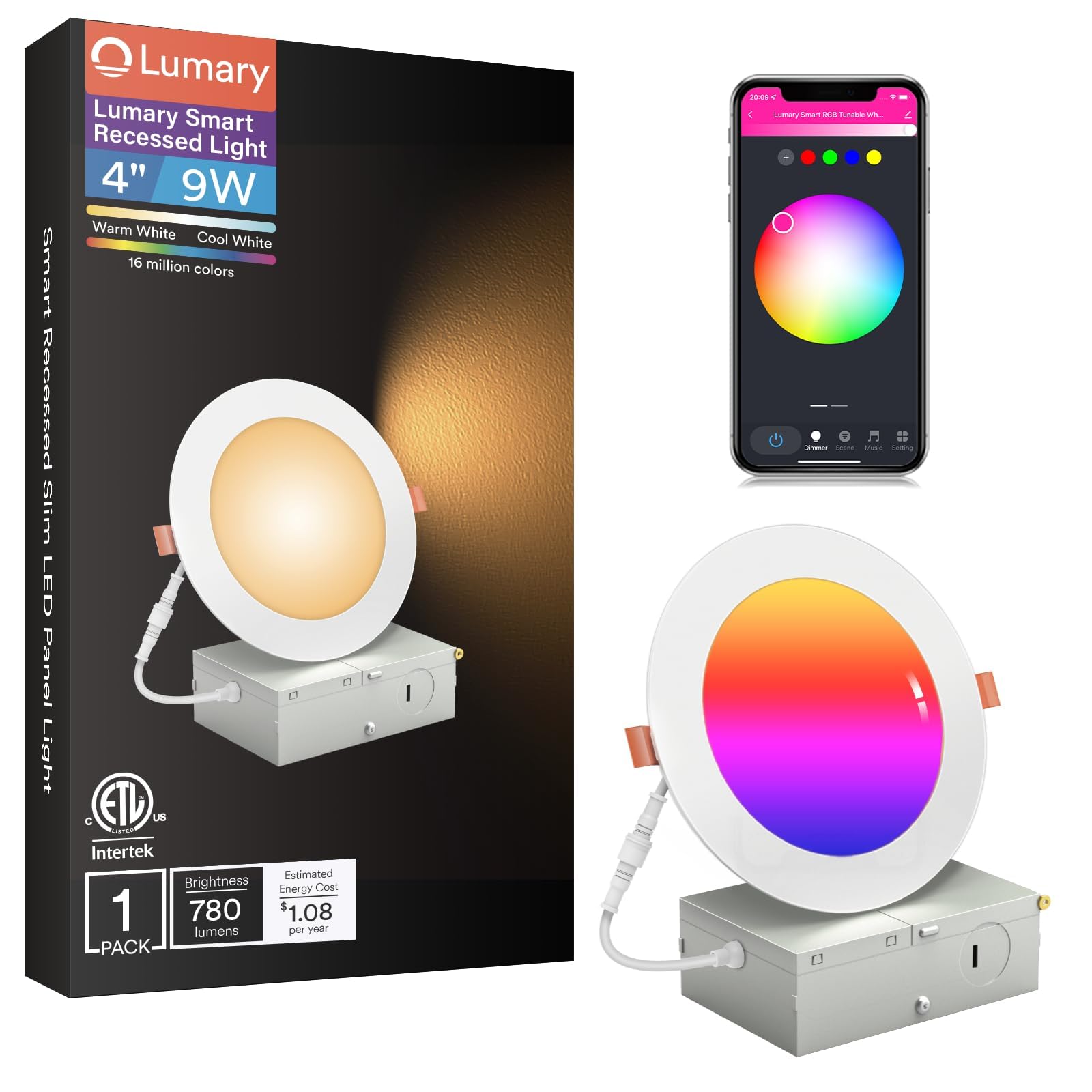 Lumary Smart Recessed Lighting 4 Inch  Color Changing Led Downlight 9W 780Lm  Wi-Fi Bluetooth Soffit Lights With J-Box  Compatible With Alexa/Google Assistant/Bt Remote  Etl Listed  1 Pack