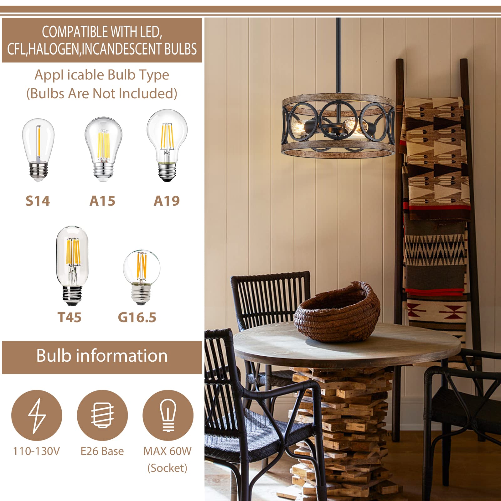 peskoe Farmhouse Pendant Light - 3-Light Nickel & Wood Grain Metal Hanging Lamp for Bedroom, Kitchen, Entryway - Black Pendant